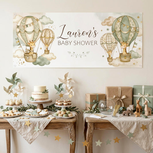 Personalised Neutral Baby Shower Banner, Giraffe & Hot Air Balloon, Gender Reveal Party Sign