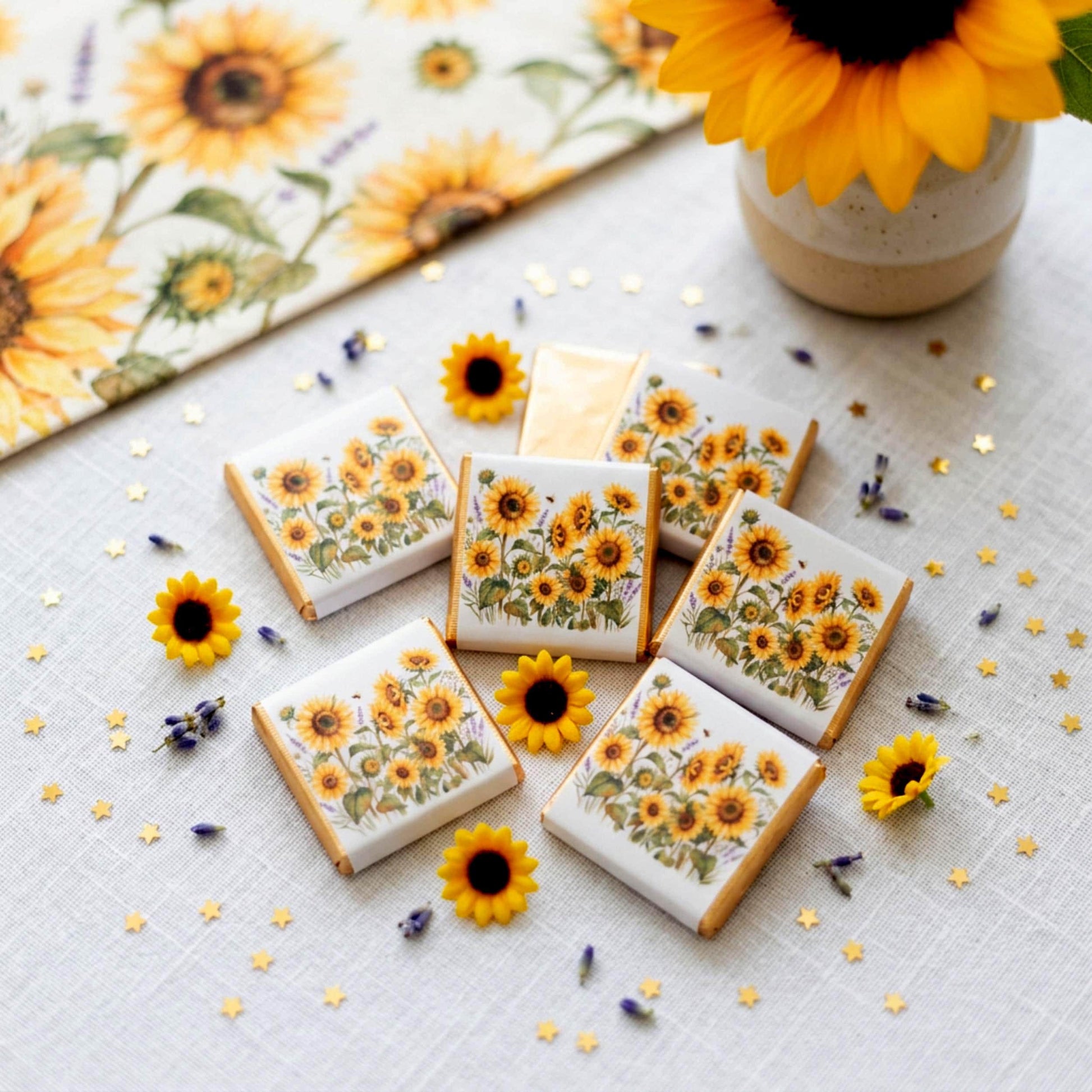Personalised Sunflower Chocolate Favours - Rustic Floral Wedding Table Decor - 50th Birthday Party Bag Fillers