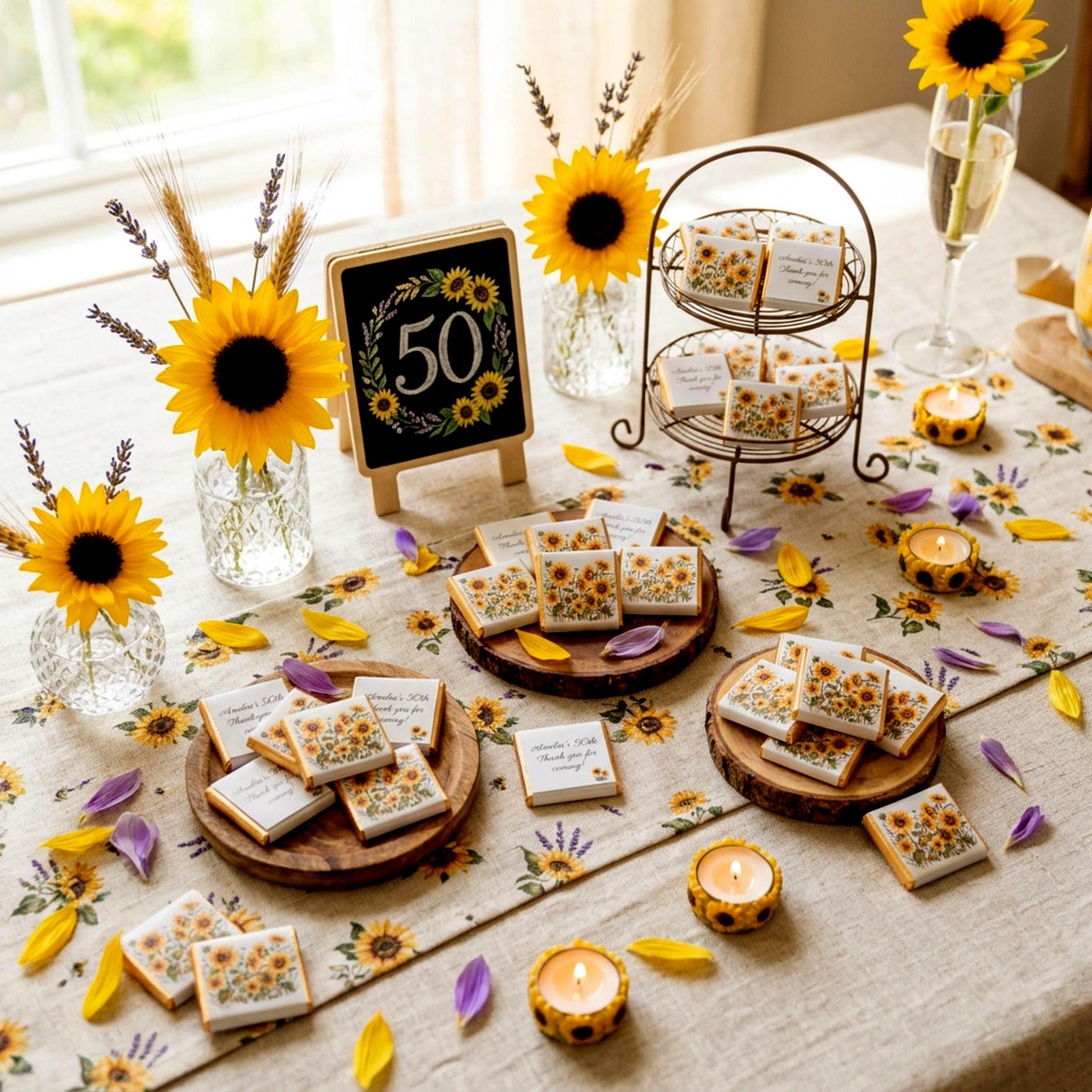 Personalised Sunflower Chocolate Favours - Rustic Floral Wedding Table Decor - 50th Birthday Party Bag Fillers