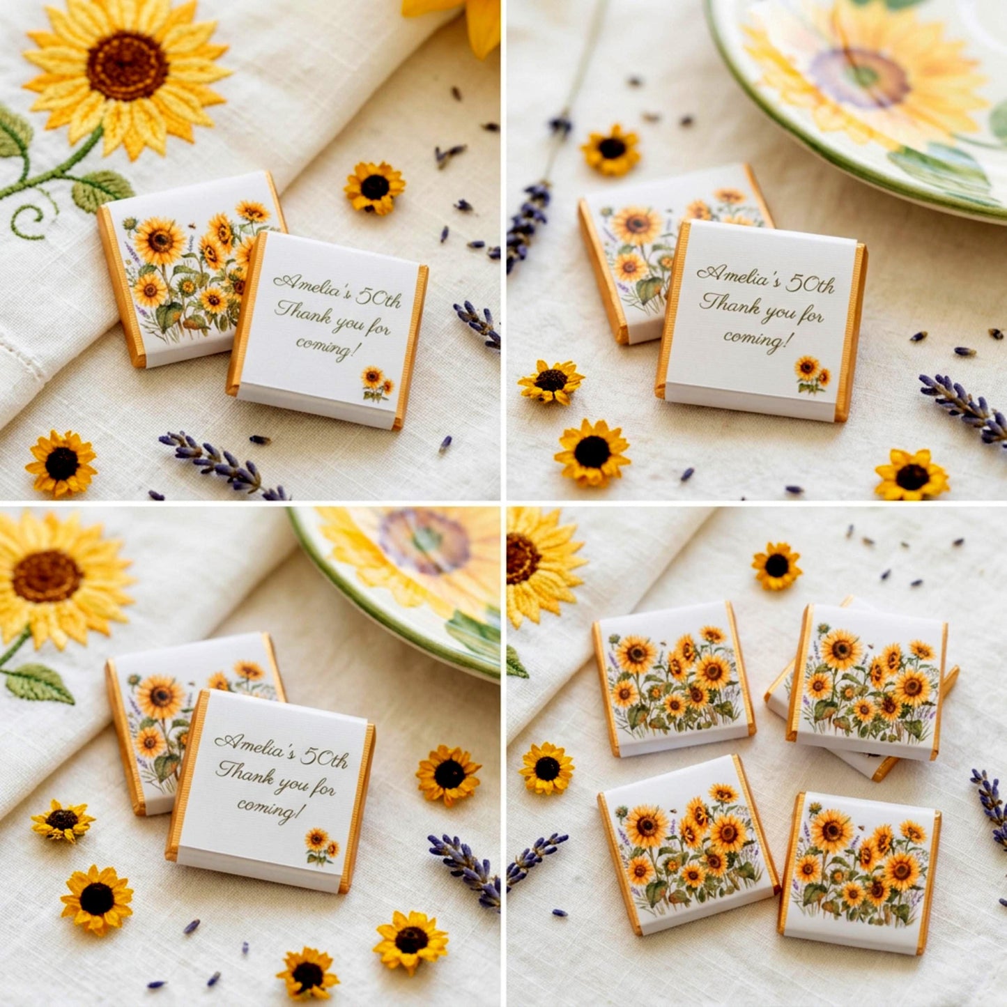 Personalised Sunflower Chocolate Favours - Rustic Floral Wedding Table Decor - 50th Birthday Party Bag Fillers