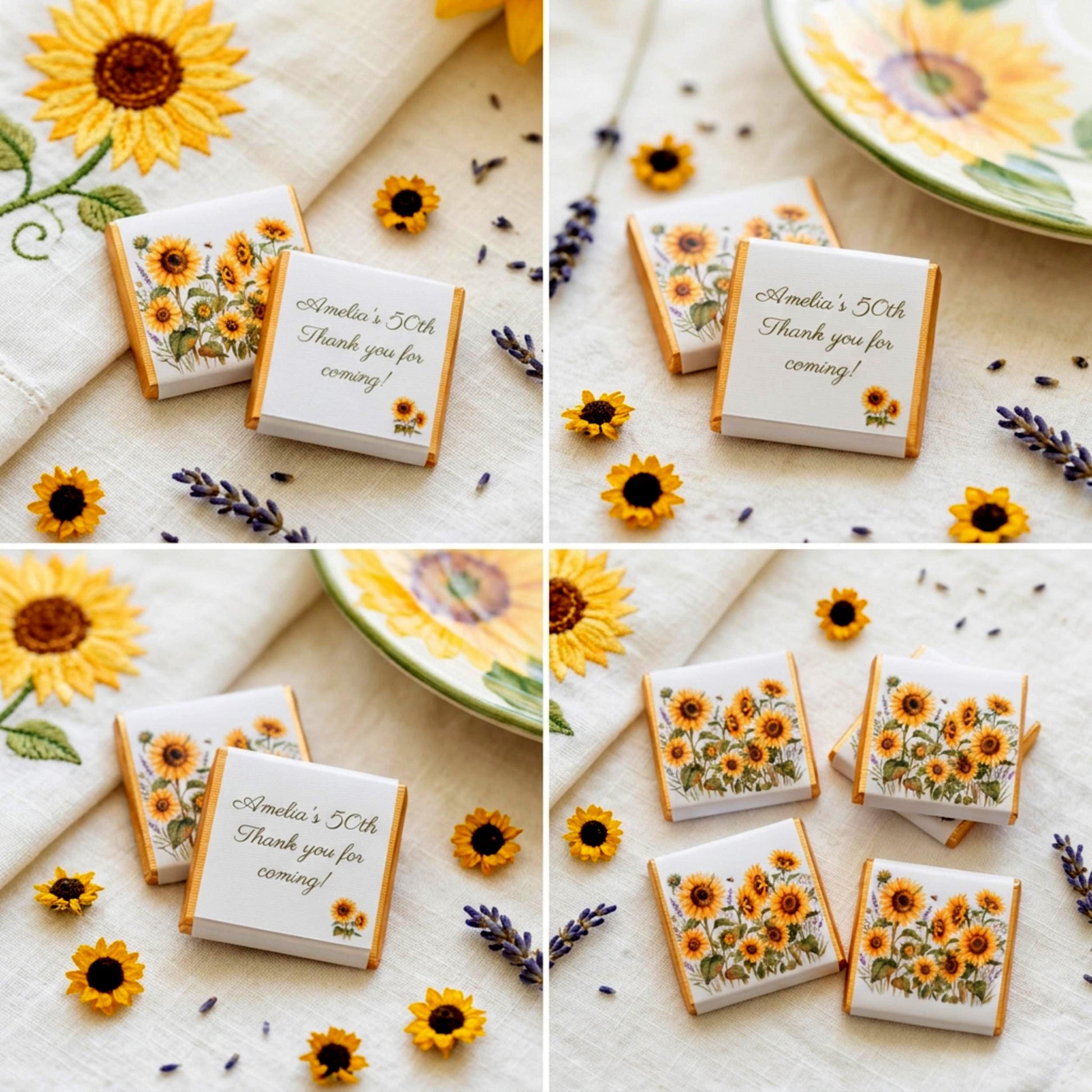 Personalised Sunflower Chocolate Favours - Rustic Floral Wedding Table Decor - 50th Birthday Party Bag Fillers