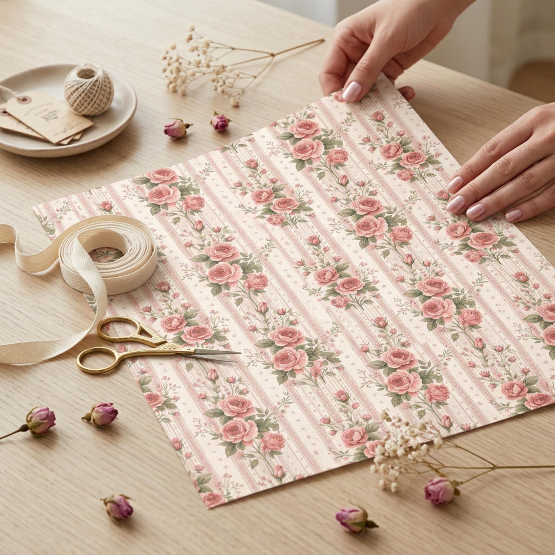 Vintage Pink Rose Striped Wrap, Floral Ticking Stripe Wrapping Paper, large Size
