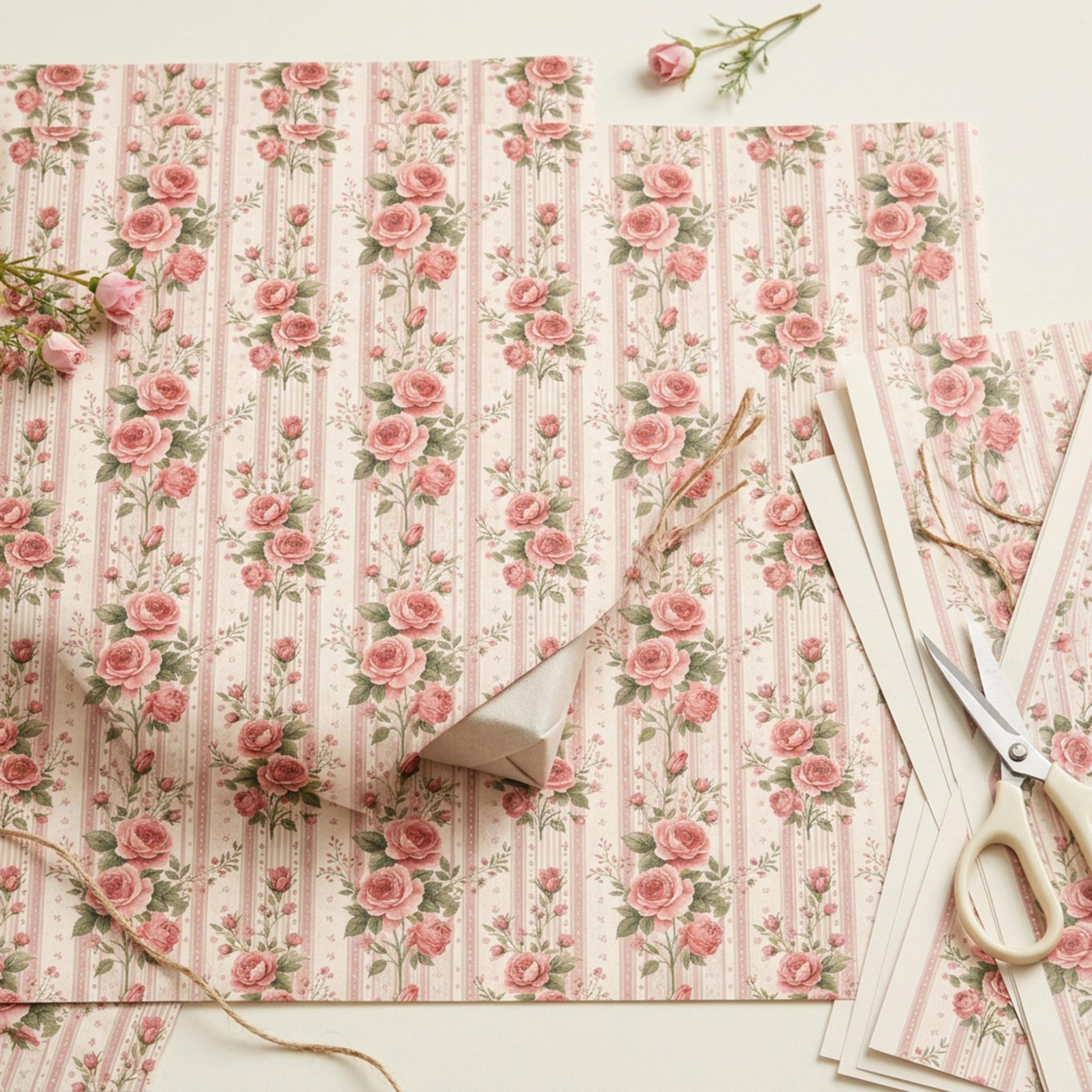 Vintage Pink Rose Striped Wrap, Floral Ticking Stripe Wrapping Paper, large Size
