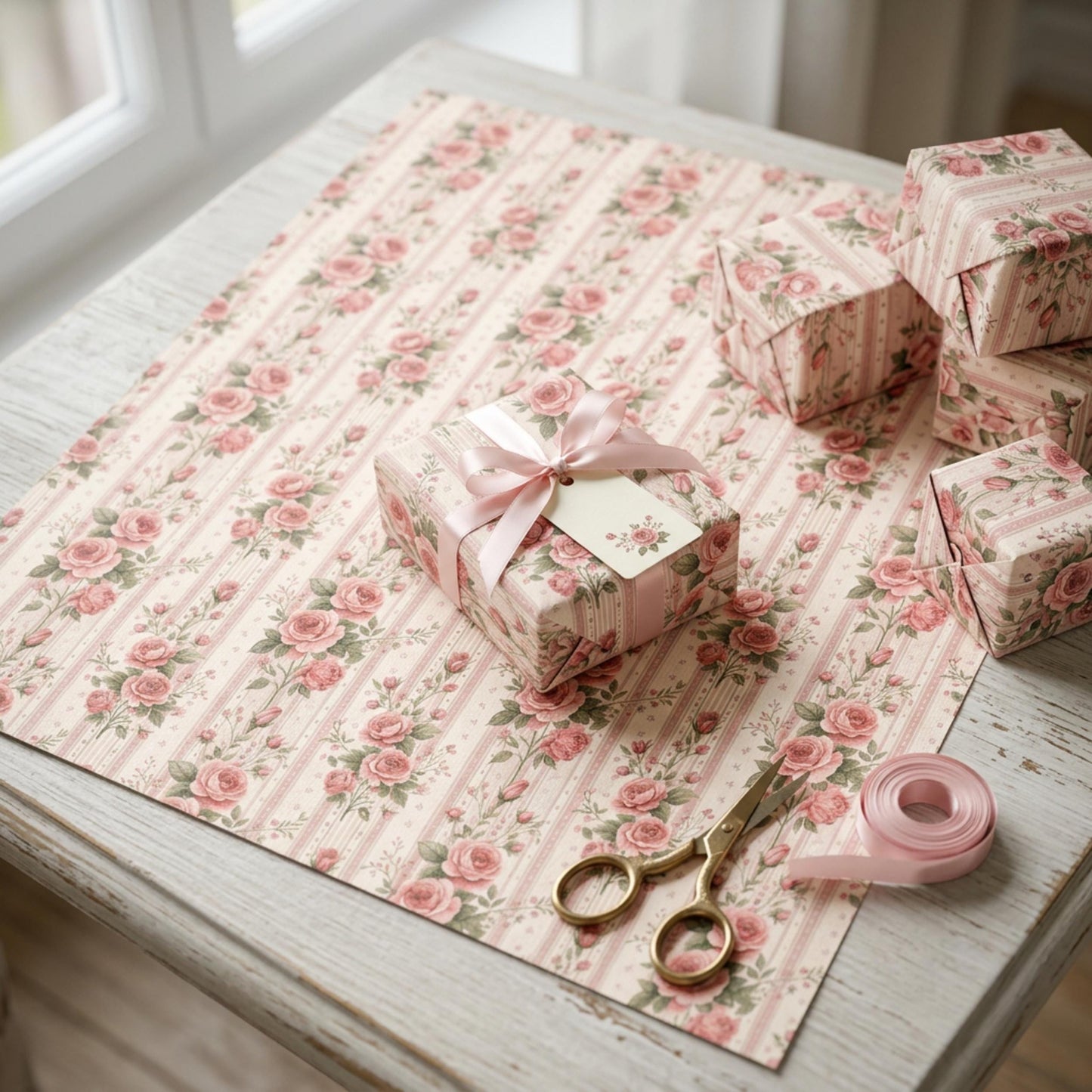Vintage Pink Rose Striped Wrap, Floral Ticking Stripe Wrapping Paper, large Size