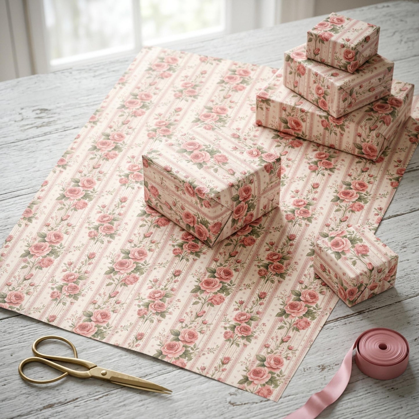 Vintage Pink Rose Striped Wrap, Floral Ticking Stripe Wrapping Paper, large Size