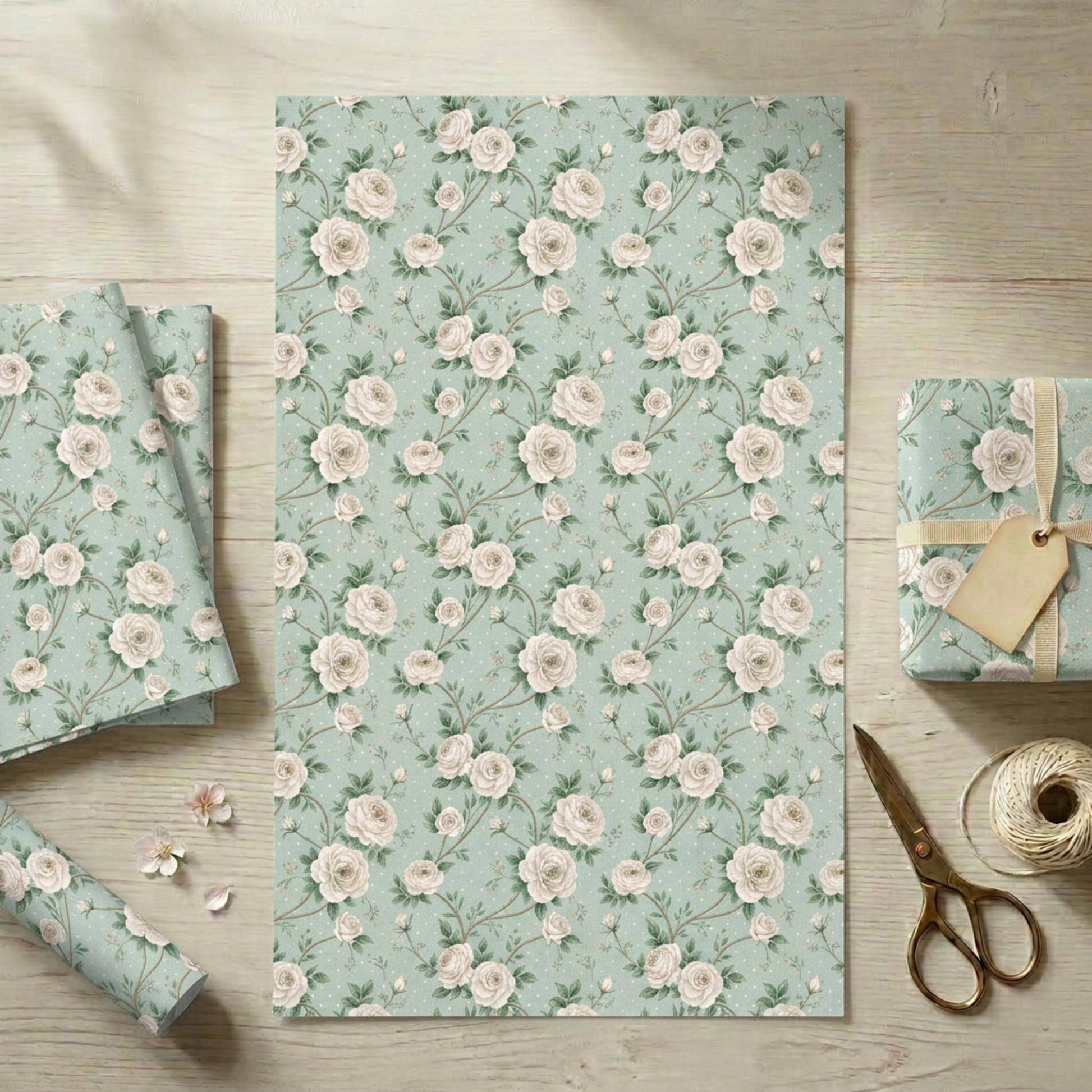 Vintage White Rose Wrap, Floral Present Paper, Large Size