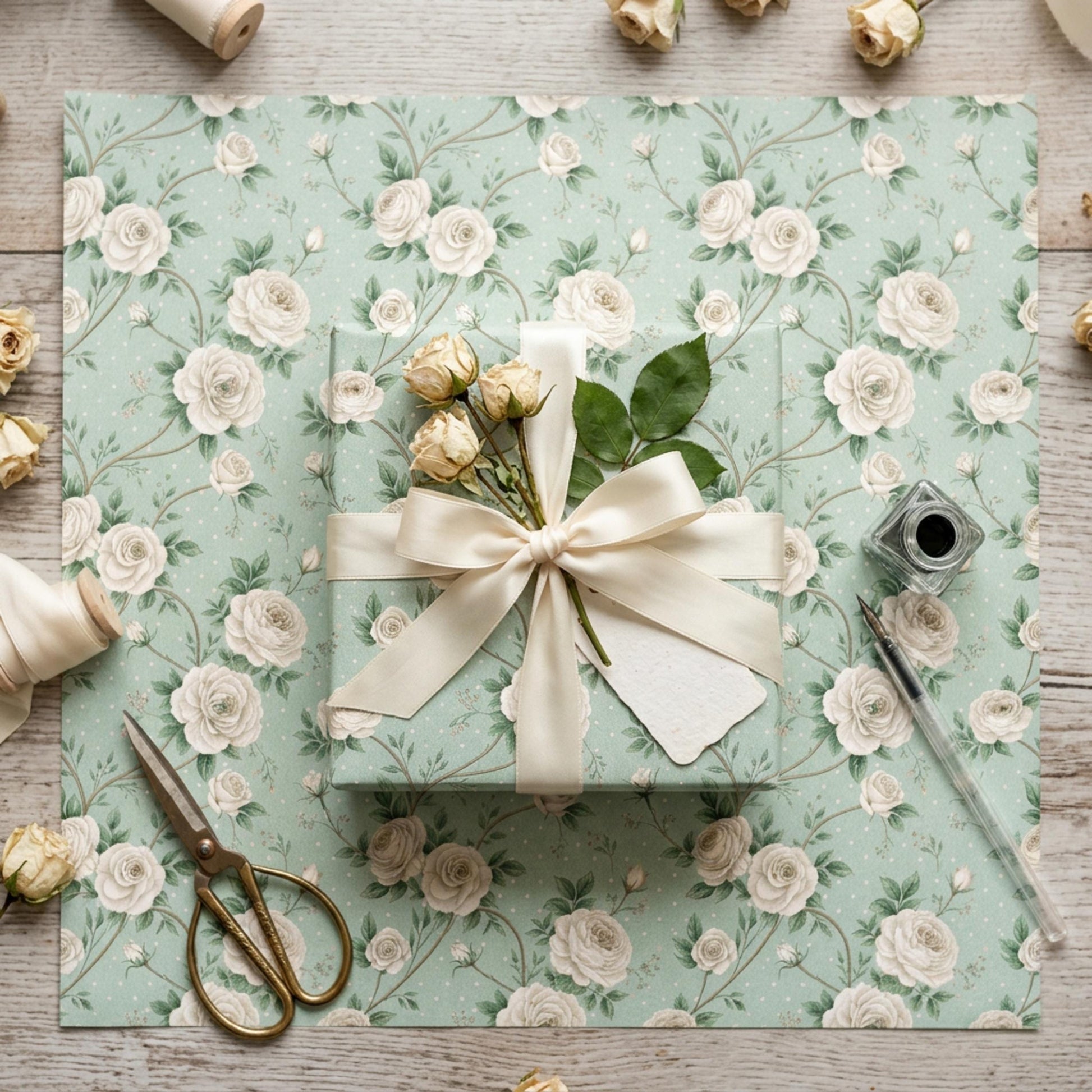 Vintage White Rose Wrap, Floral Present Paper, Large Size