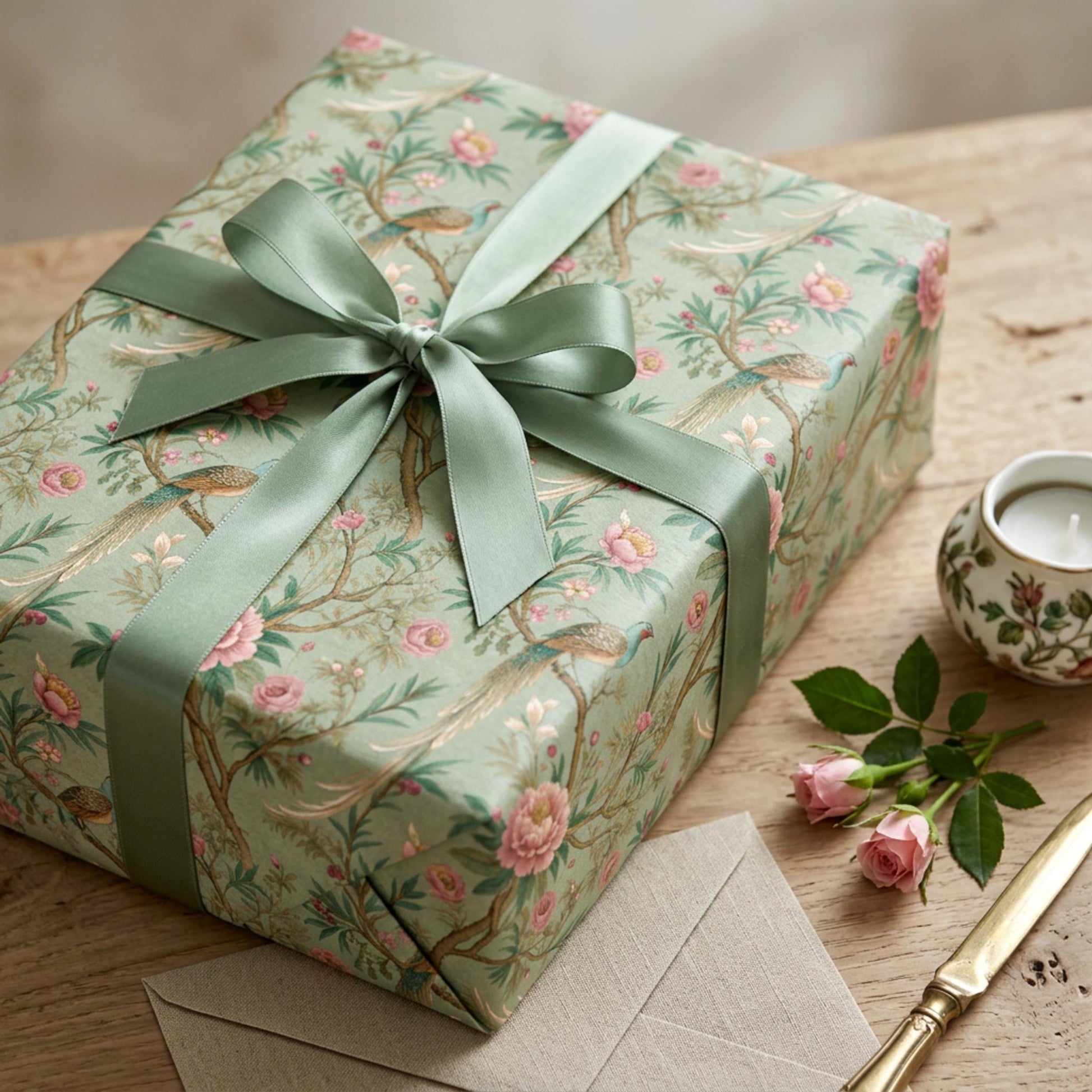 Vintage Peony and Pheasant Gift Paper, Chinoiserie Bird Gift Wrap Sheet, large Size