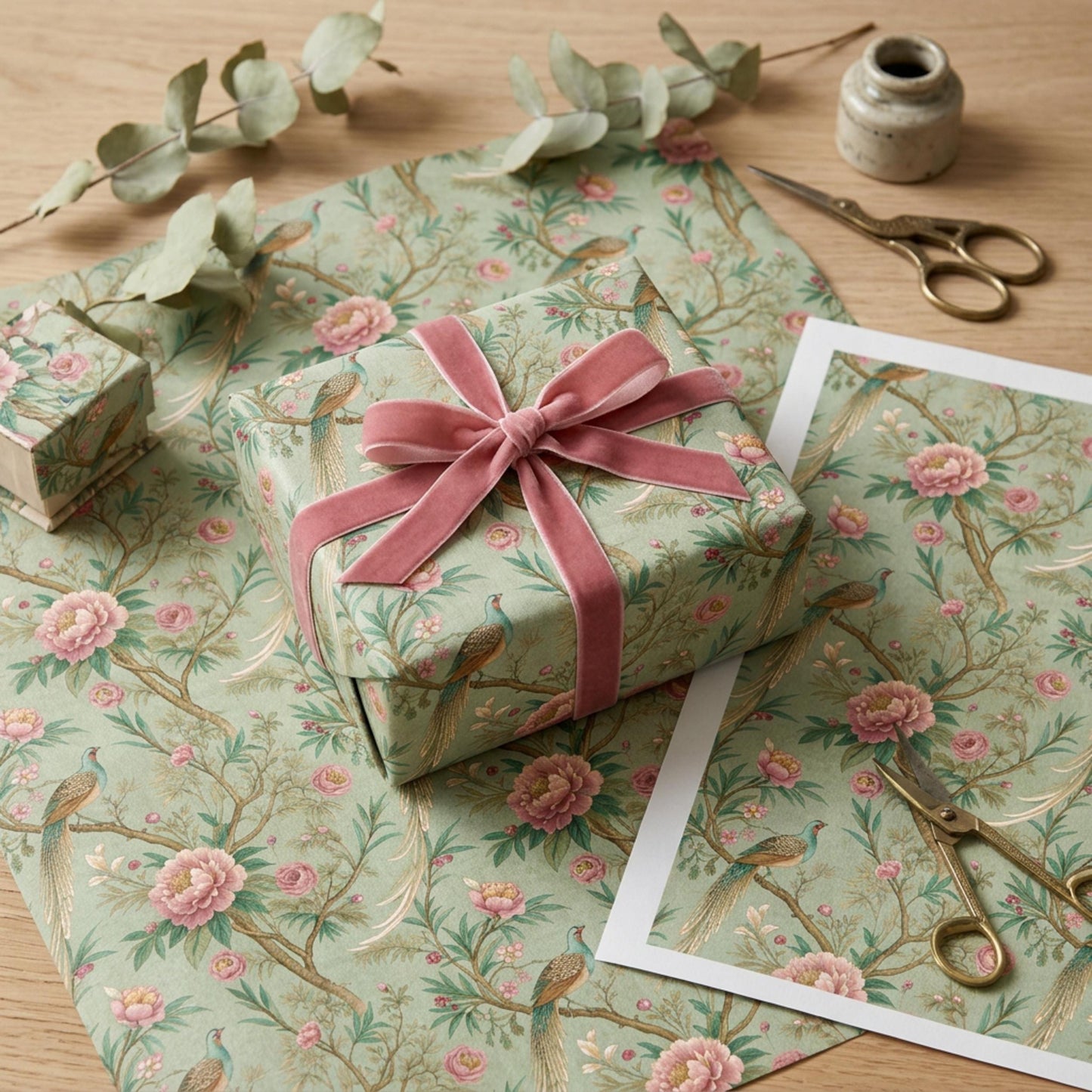 Vintage Peony and Pheasant Gift Paper, Chinoiserie Bird Gift Wrap Sheet, large Size