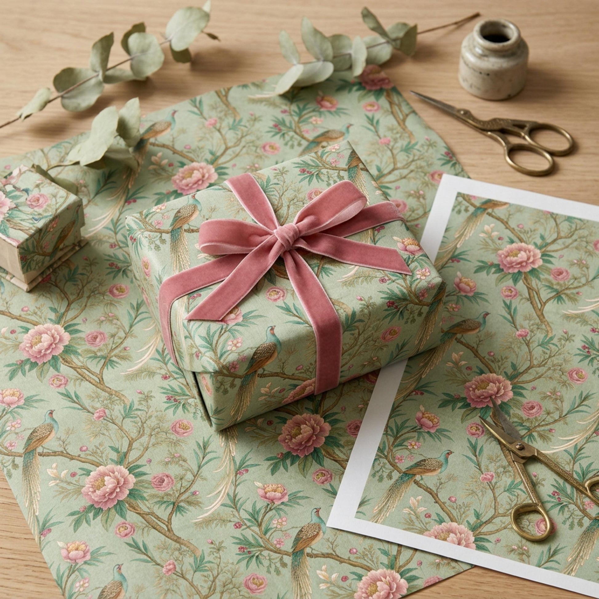 Vintage Peony and Pheasant Gift Paper, Chinoiserie Bird Gift Wrap Sheet, large Size