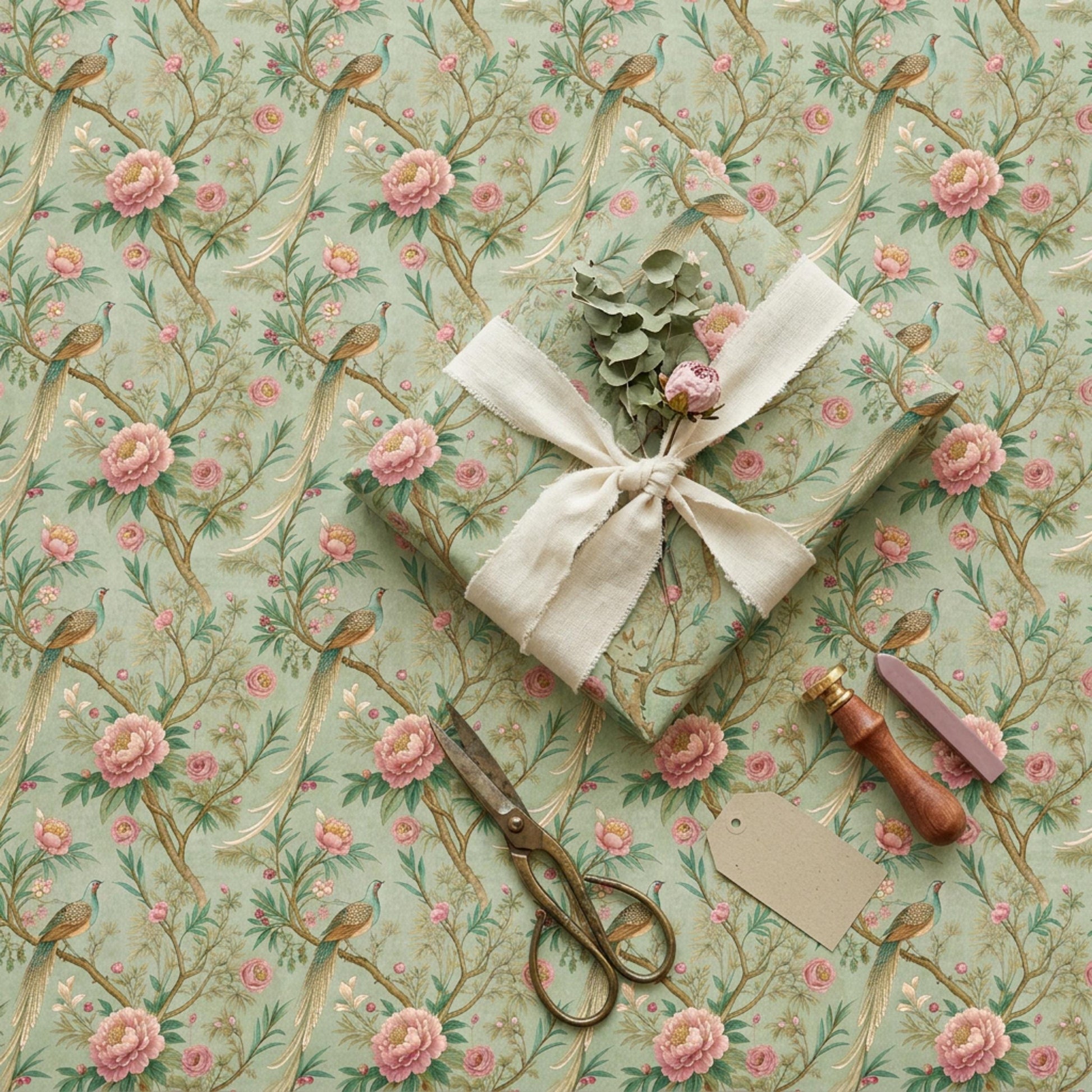 Vintage Peony and Pheasant Gift Paper, Chinoiserie Bird Gift Wrap Sheet, large Size
