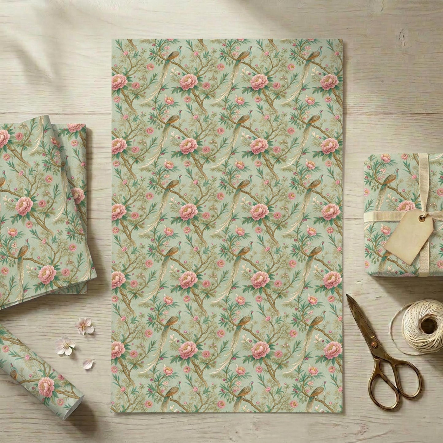 Vintage Peony and Pheasant Gift Paper, Chinoiserie Bird Gift Wrap Sheet, large Size