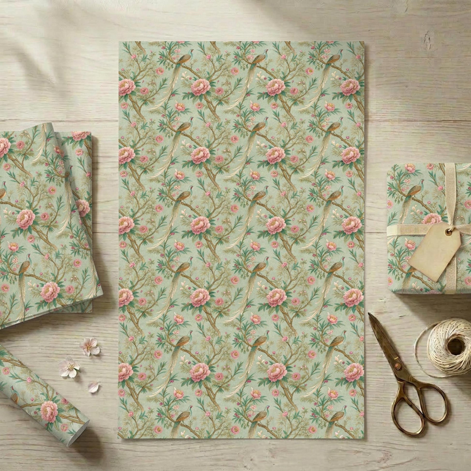 Vintage Peony and Pheasant Gift Paper, Chinoiserie Bird Gift Wrap Sheet, large Size
