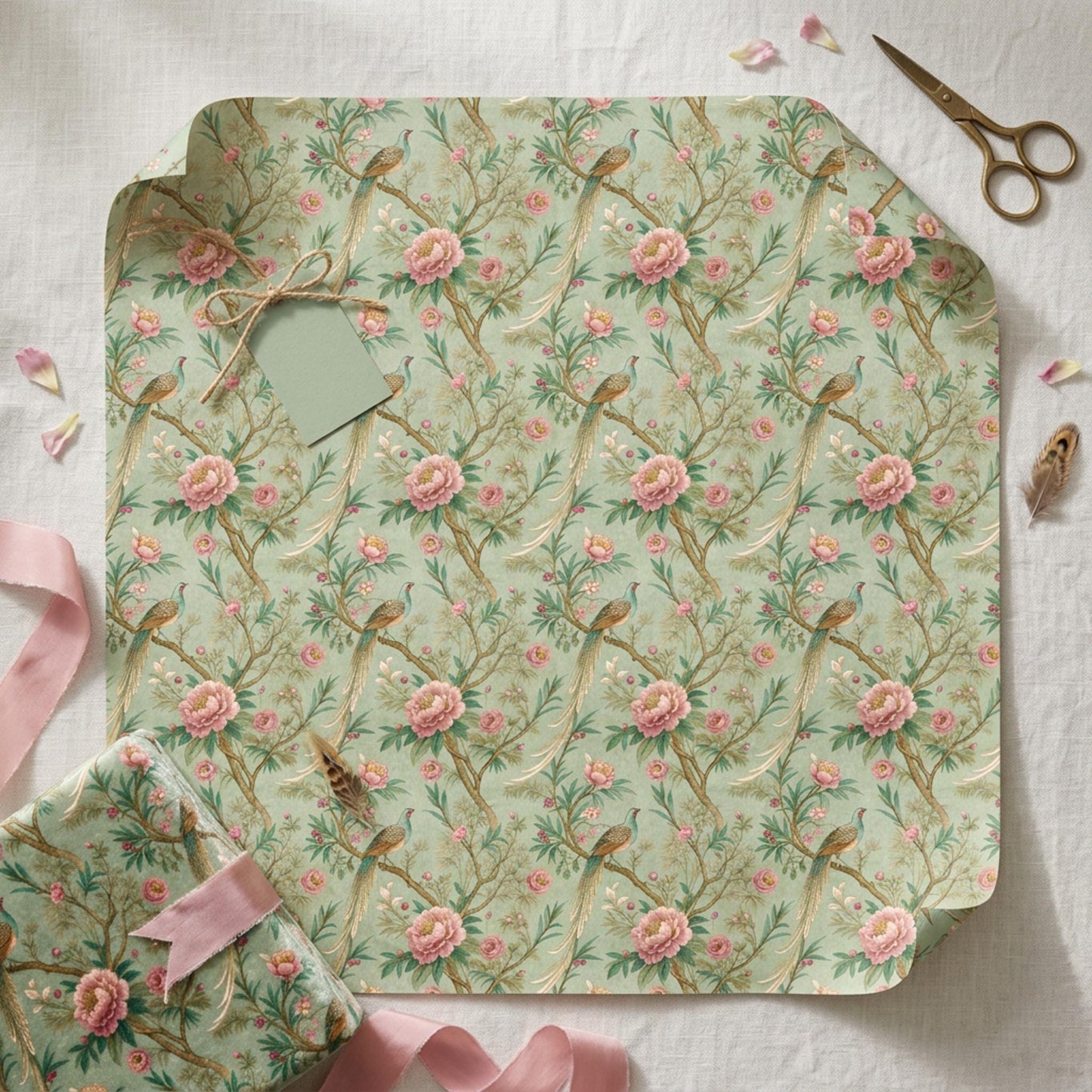 Vintage Peony and Pheasant Gift Paper, Chinoiserie Bird Gift Wrap Sheet, large Size