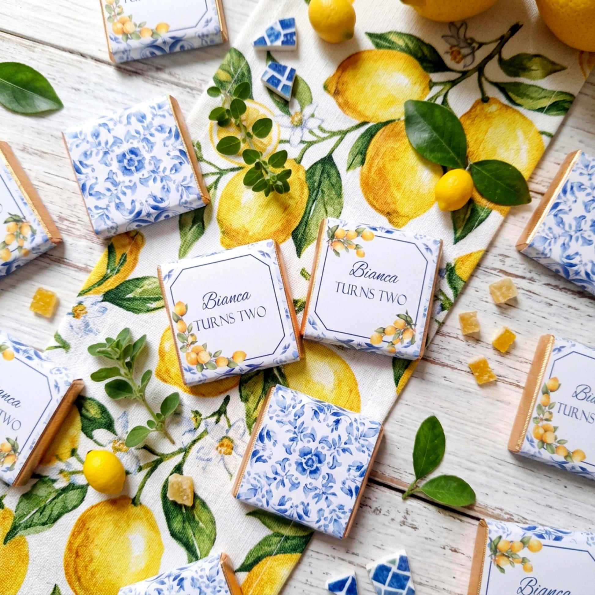 Personalised Mediterranean Lemon Chocolate Favours - Italian Blue Tile Birthday Decor - Citrus Party Bag Fillers