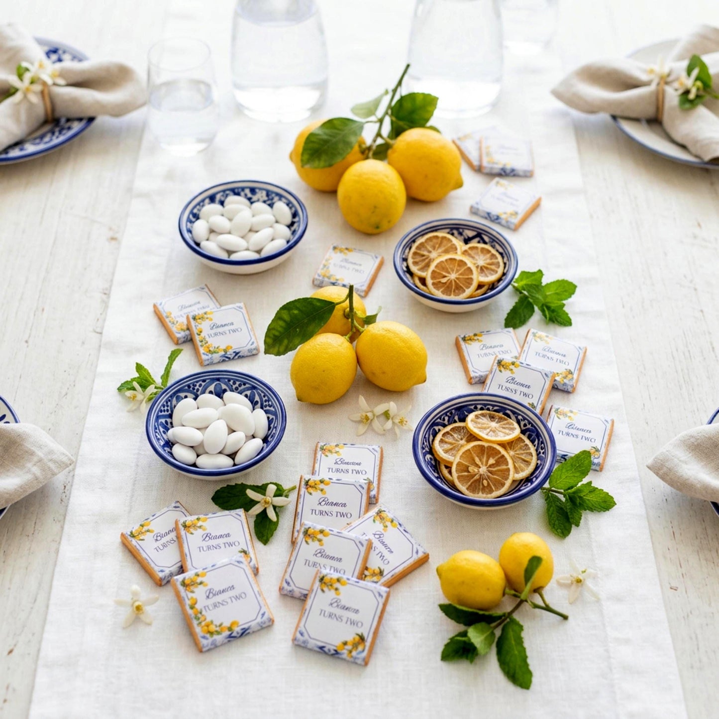Personalised Mediterranean Lemon Chocolate Favours - Italian Blue Tile Birthday Decor - Citrus Party Bag Fillers
