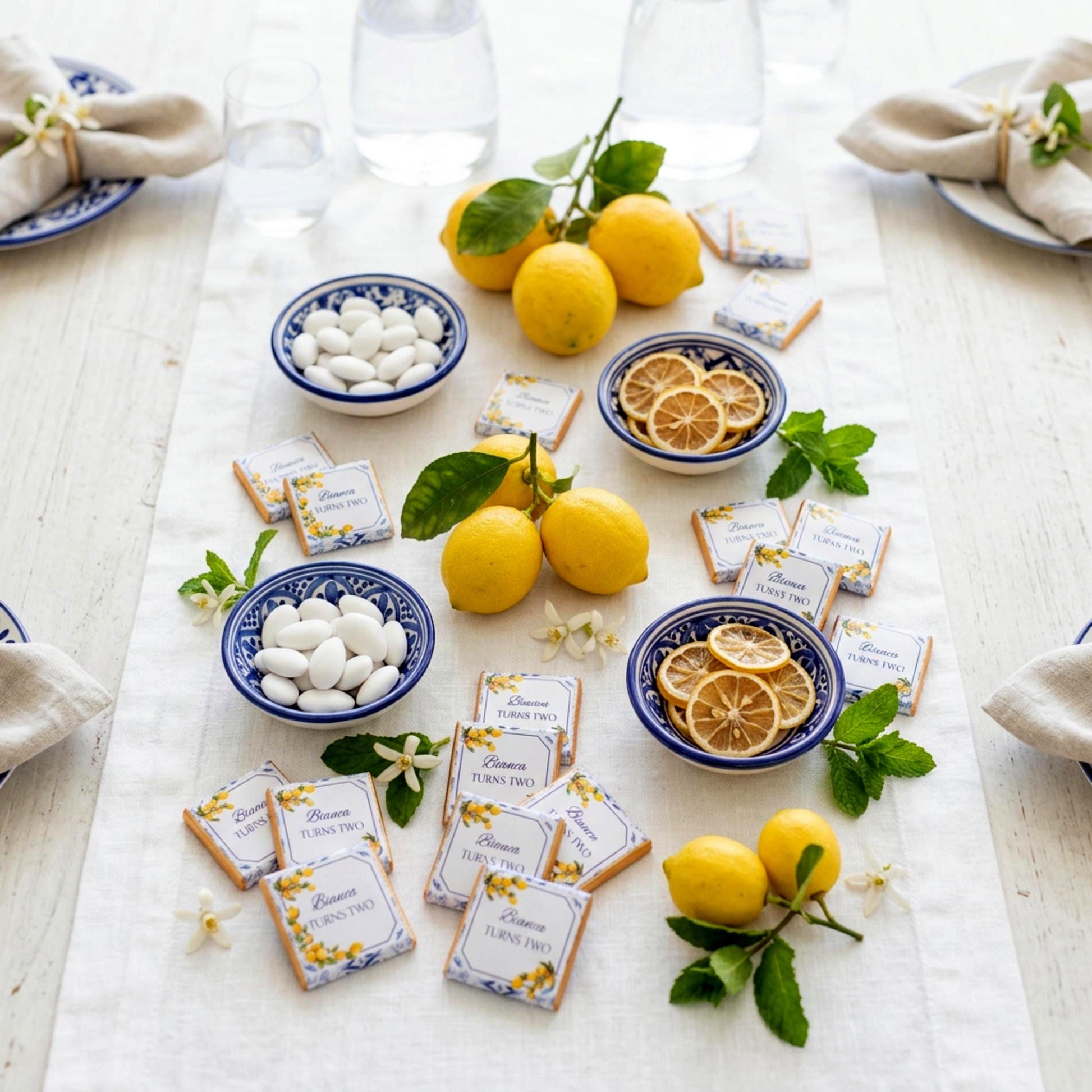 Personalised Mediterranean Lemon Chocolate Favours - Italian Blue Tile Birthday Decor - Citrus Party Bag Fillers