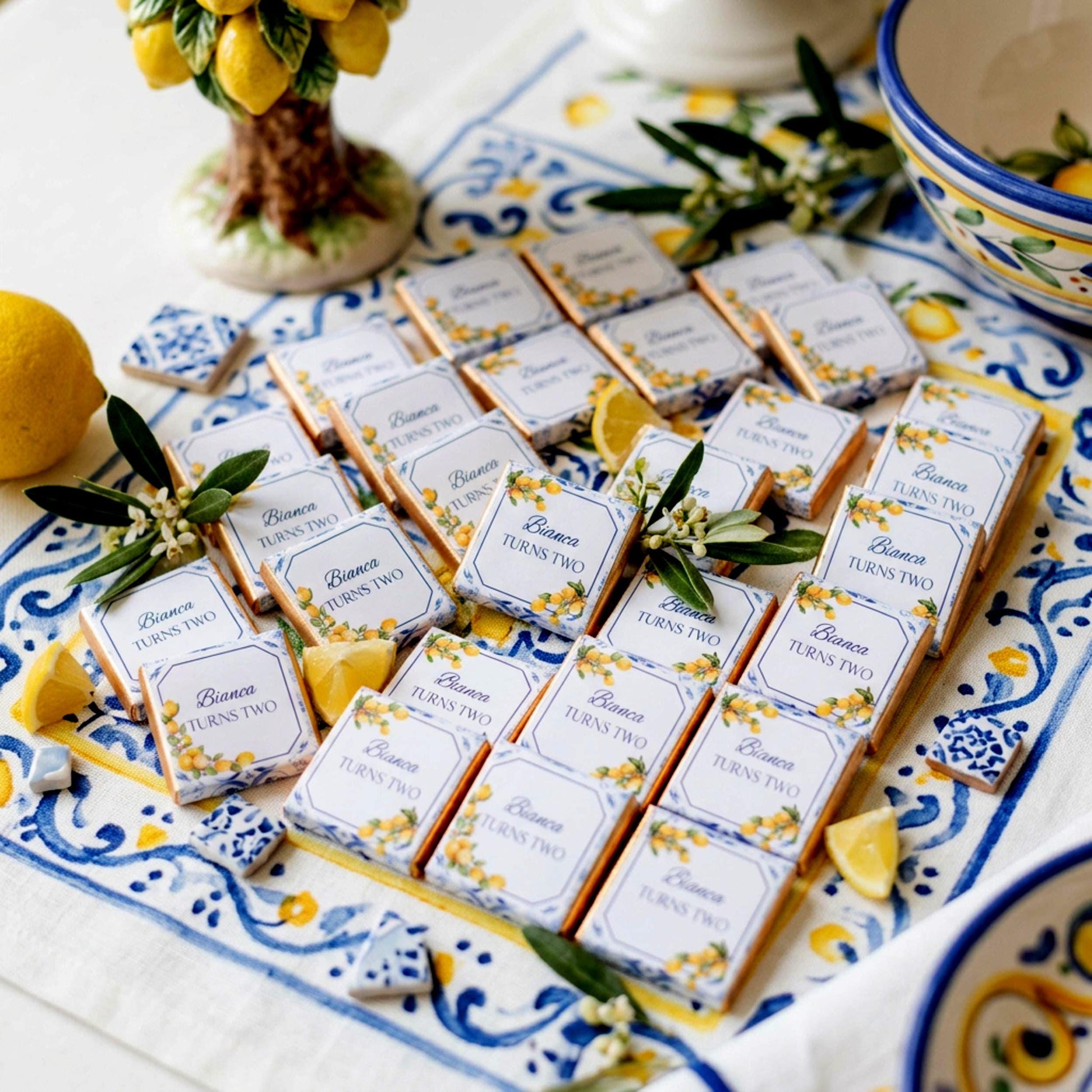 Personalised Mediterranean Lemon Chocolate Favours - Italian Blue Tile Birthday Decor - Citrus Party Bag Fillers