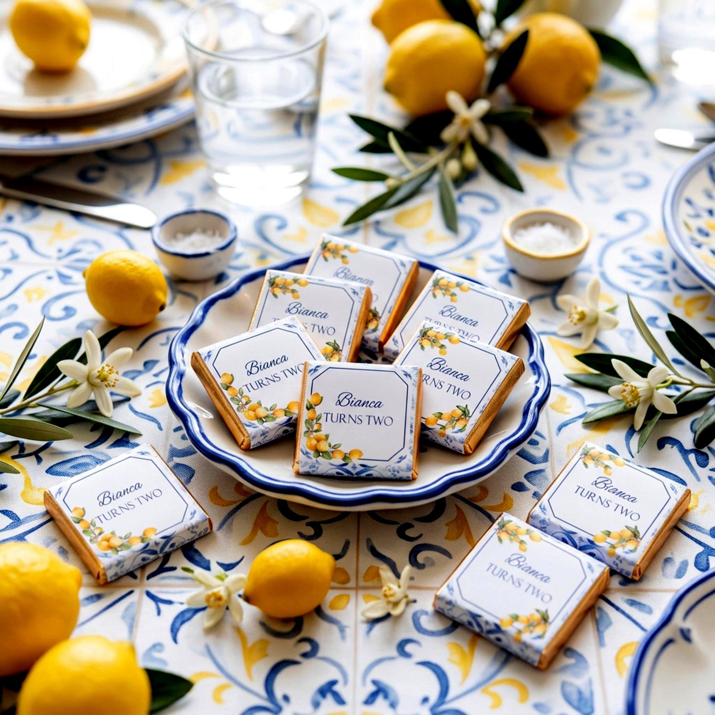 Personalised Mediterranean Lemon Chocolate Favours - Italian Blue Tile Birthday Decor - Citrus Party Bag Fillers