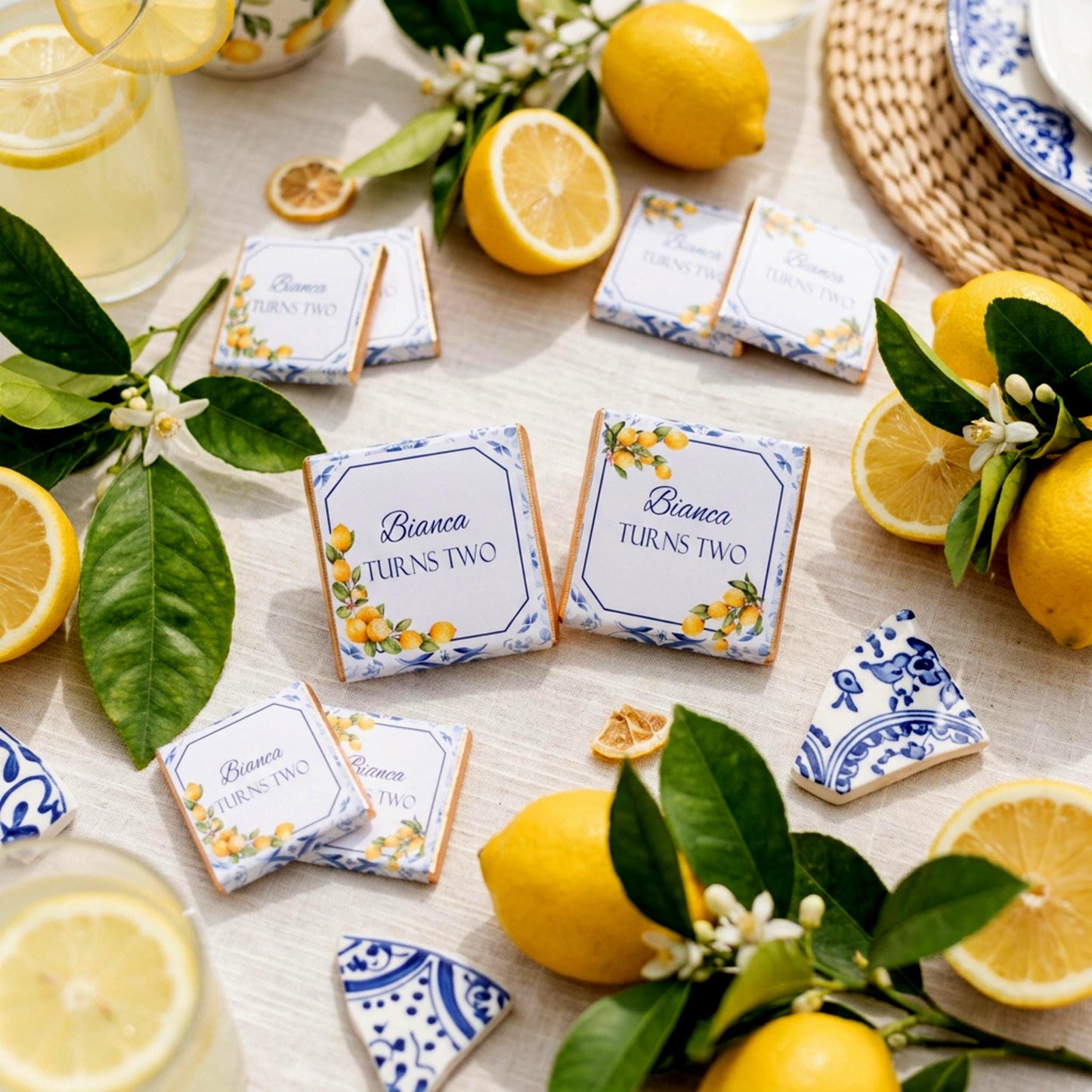 Personalised Mediterranean Lemon Chocolate Favours - Italian Blue Tile Birthday Decor - Citrus Party Bag Fillers