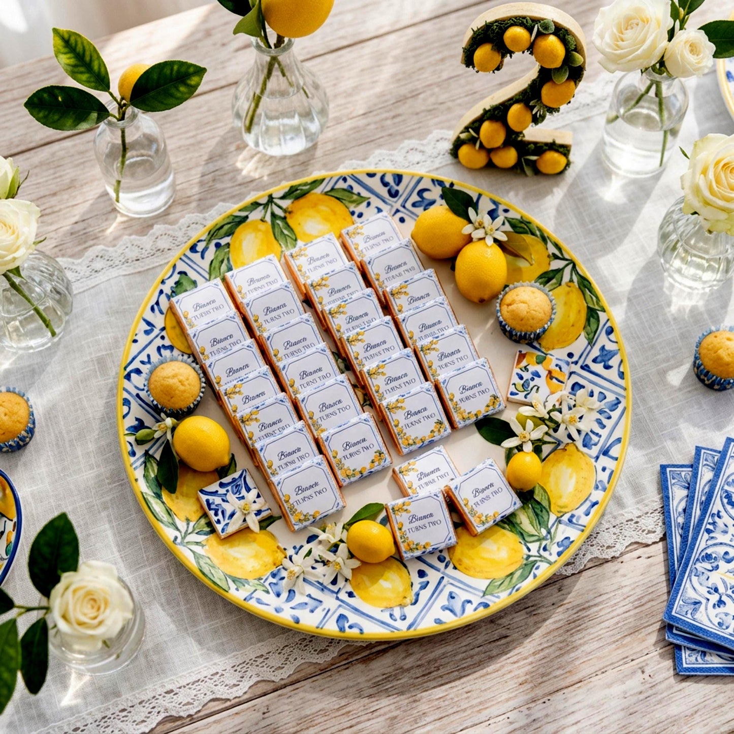 Personalised Mediterranean Lemon Chocolate Favours - Italian Blue Tile Birthday Decor - Citrus Party Bag Fillers