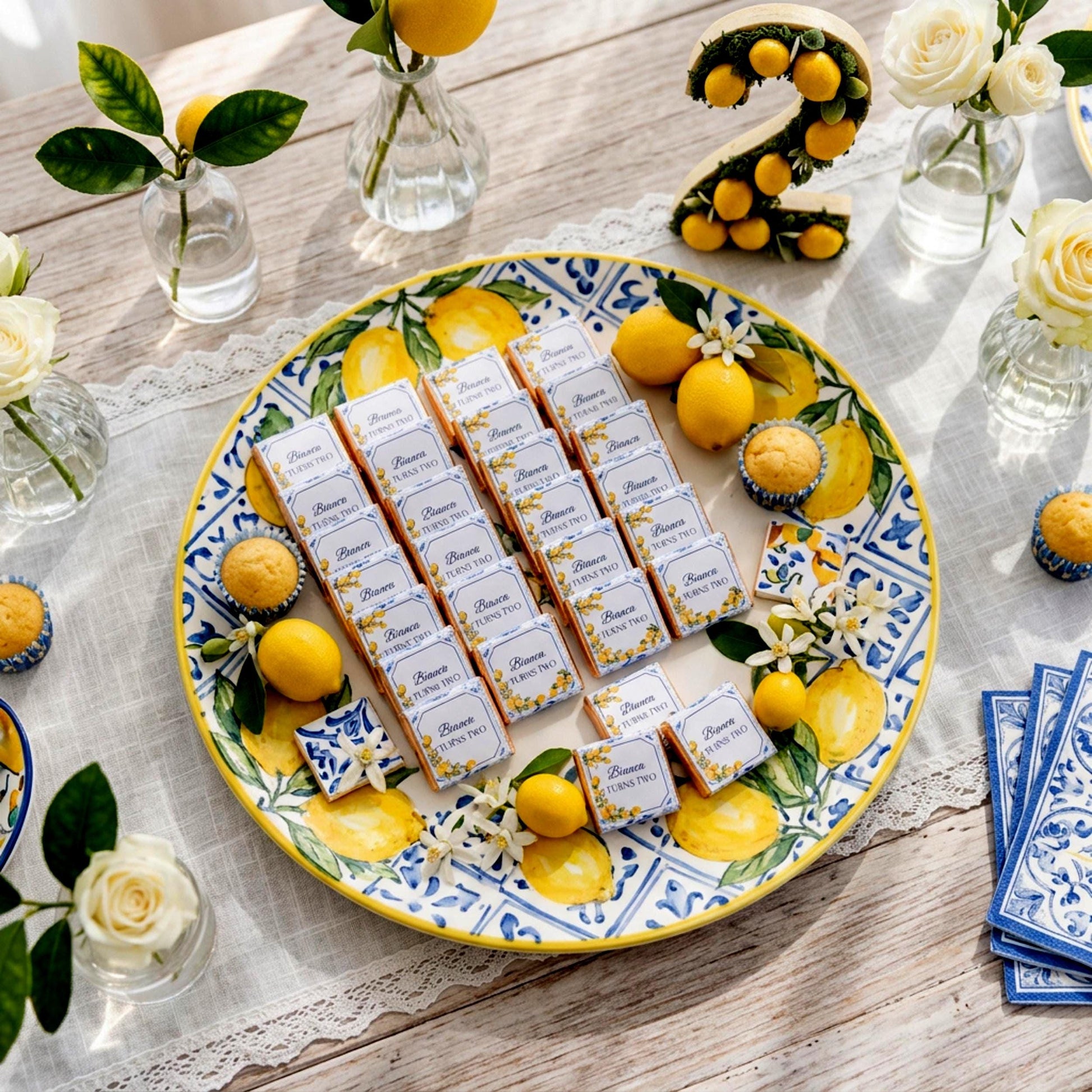 Personalised Mediterranean Lemon Chocolate Favours - Italian Blue Tile Birthday Decor - Citrus Party Bag Fillers