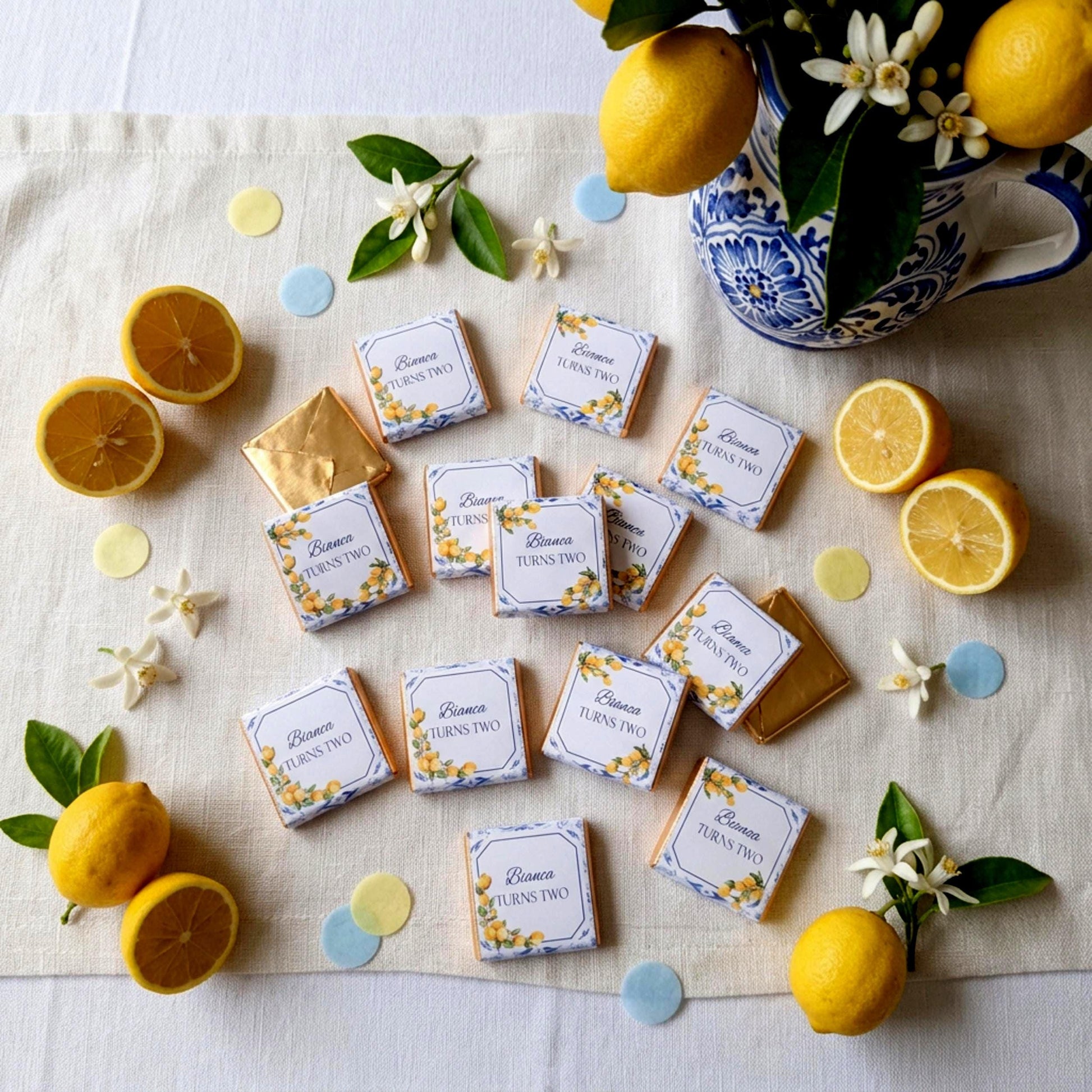 Personalised Mediterranean Lemon Chocolate Favours - Italian Blue Tile Birthday Decor - Citrus Party Bag Fillers