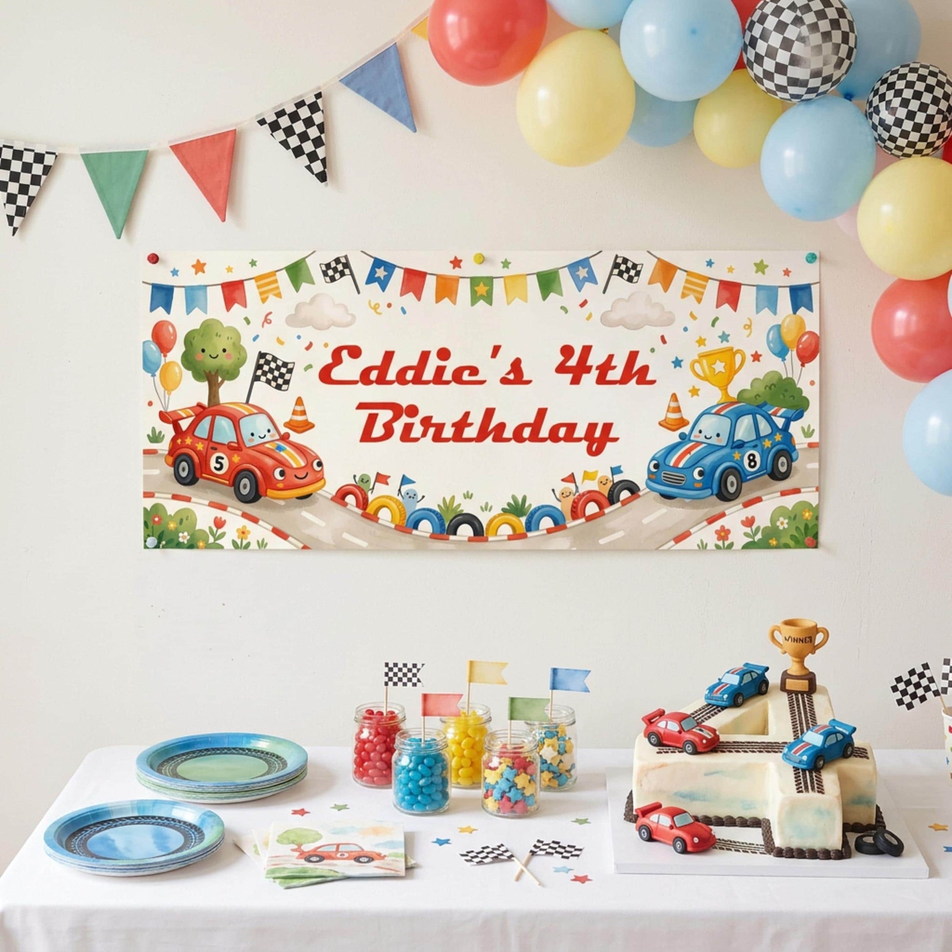 Personalised Racing Cars Birthday Banner - Kids Party Backdrop