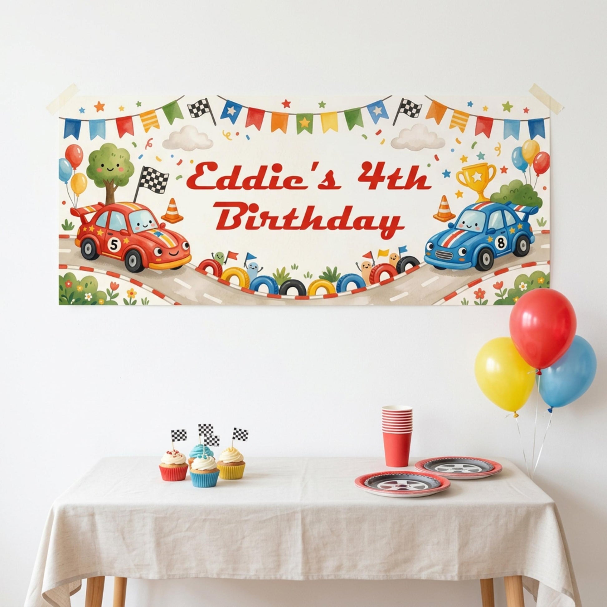 Personalised Racing Cars Birthday Banner - Kids Party Backdrop