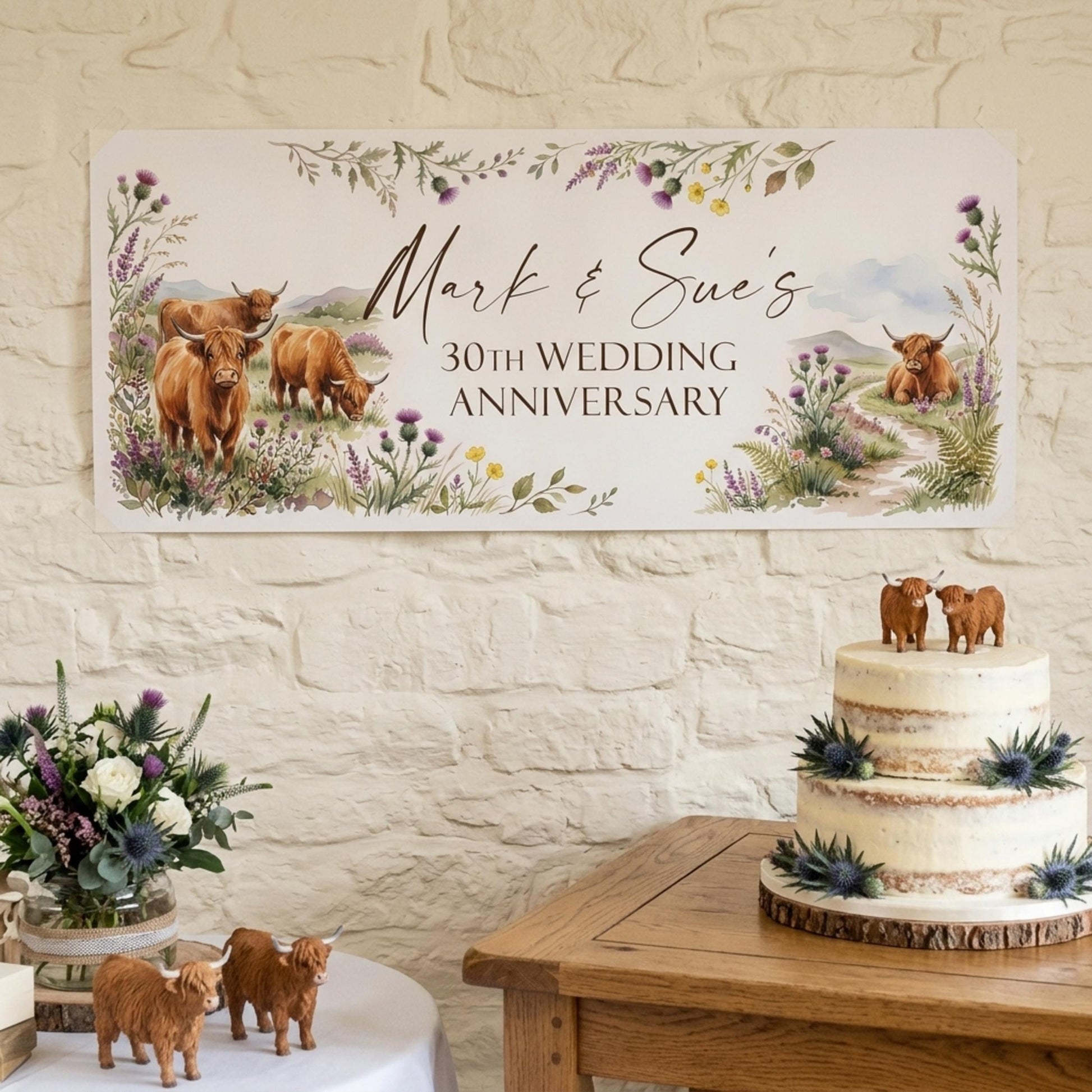 Personalised Highland Cow Banner - Birthday, Baby Shower, Anniversary Wall Decor