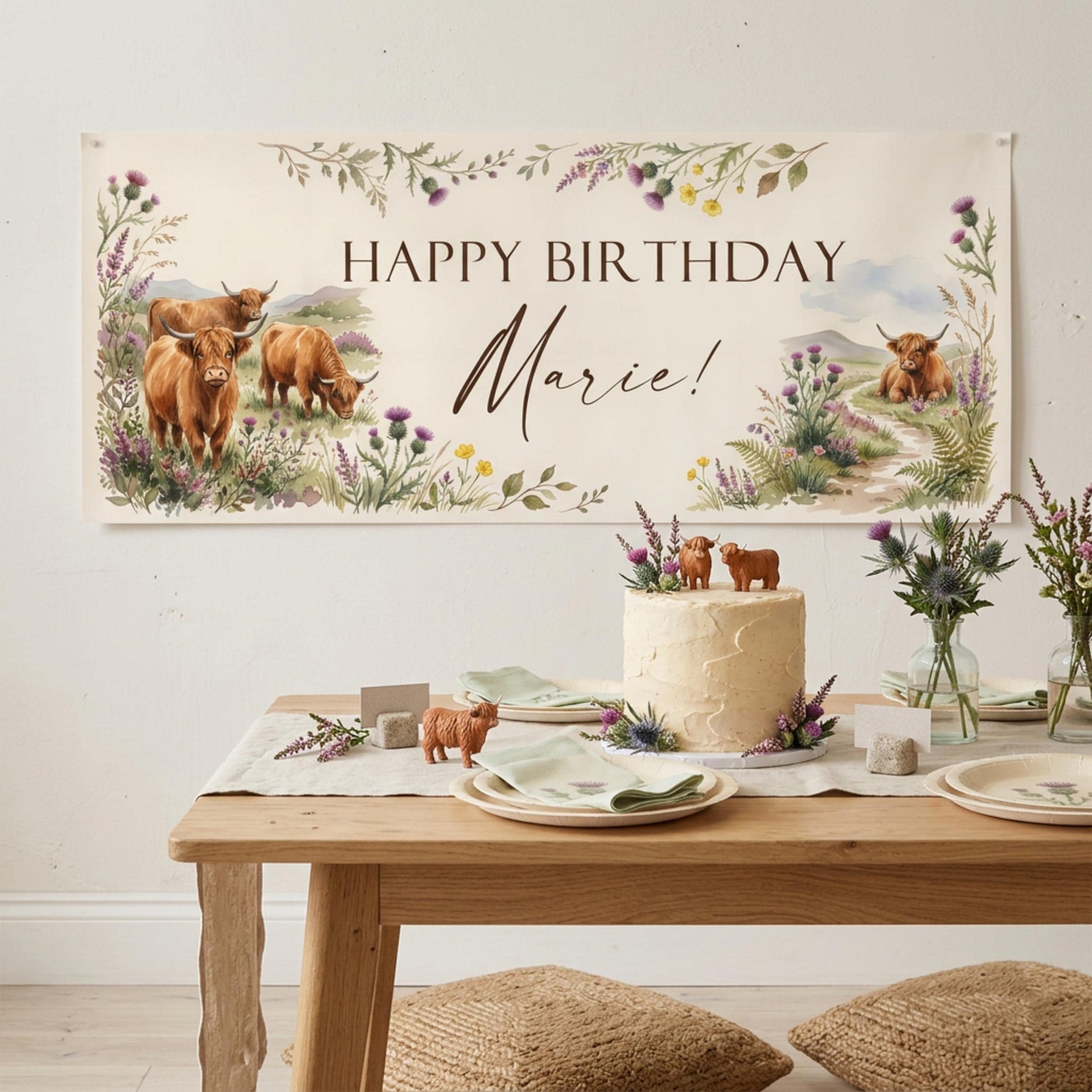 Personalised Highland Cow Banner - Birthday, Baby Shower, Anniversary Wall Decor