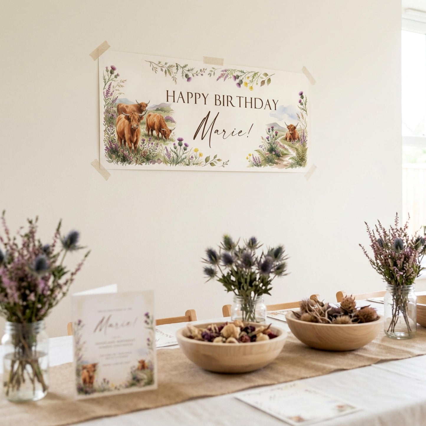 Personalised Highland Cow Banner - Birthday, Baby Shower, Anniversary Wall Decor