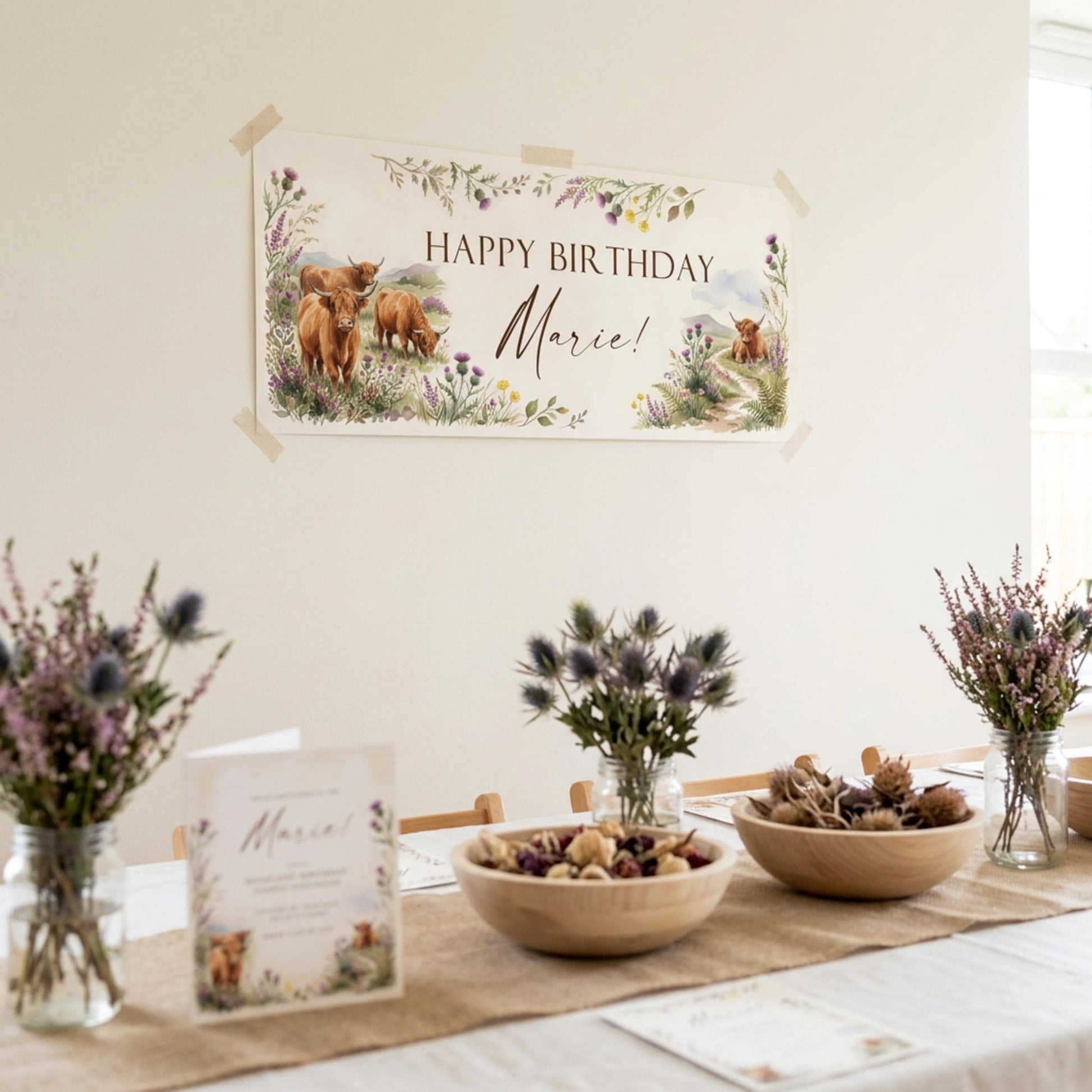 Personalised Highland Cow Banner - Birthday, Baby Shower, Anniversary Wall Decor