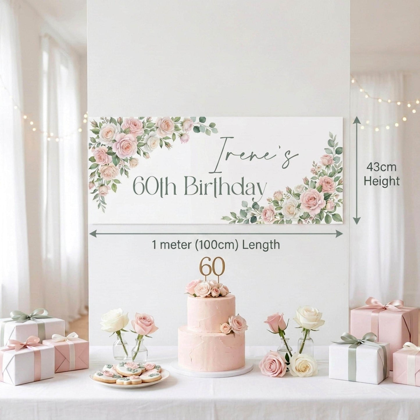 Personalised Milestone Birthday Banner, Pink Roses Party Backdrop for Her, Anniversary Wall Sign