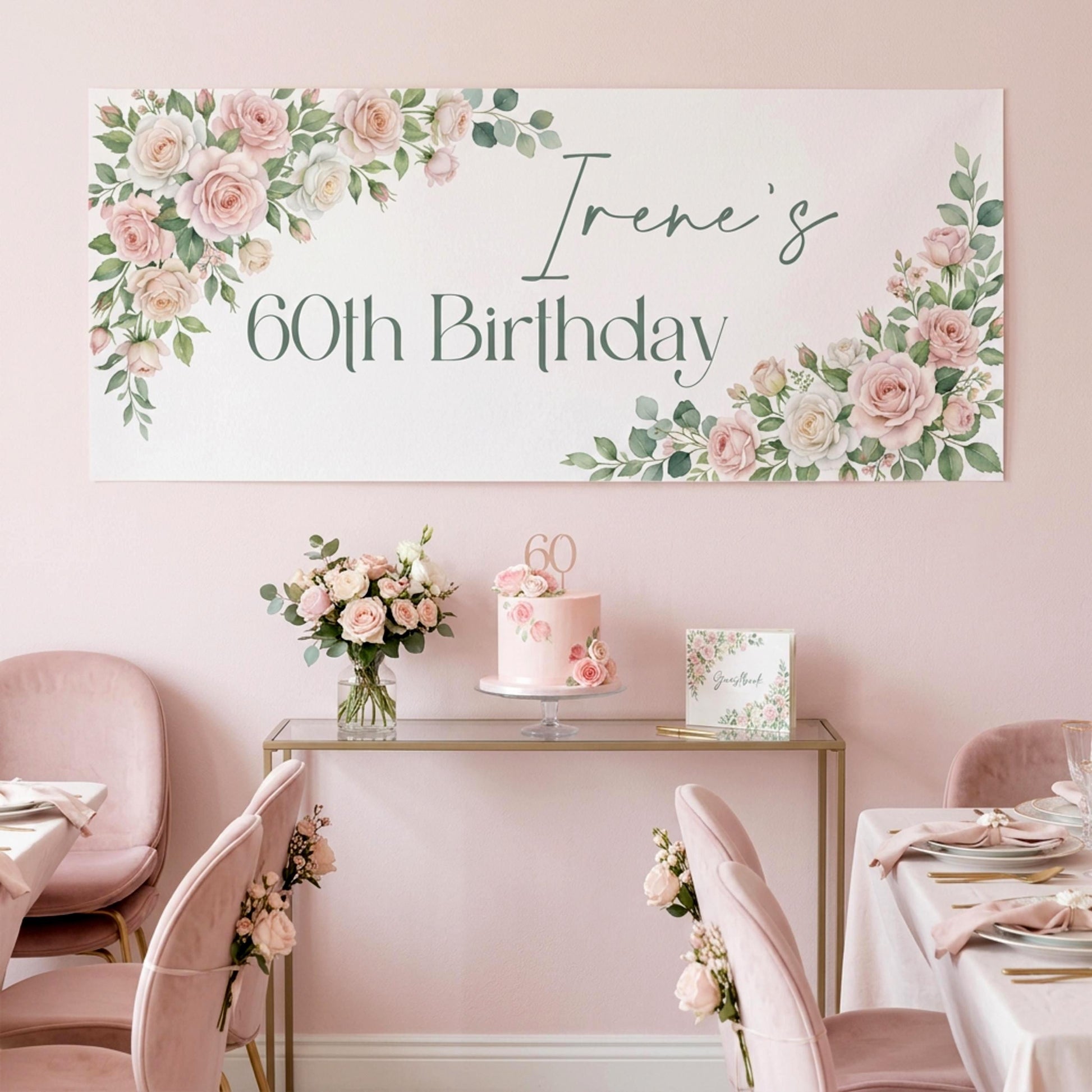 Personalised Milestone Birthday Banner, Pink Roses Party Backdrop for Her, Anniversary Wall Sign