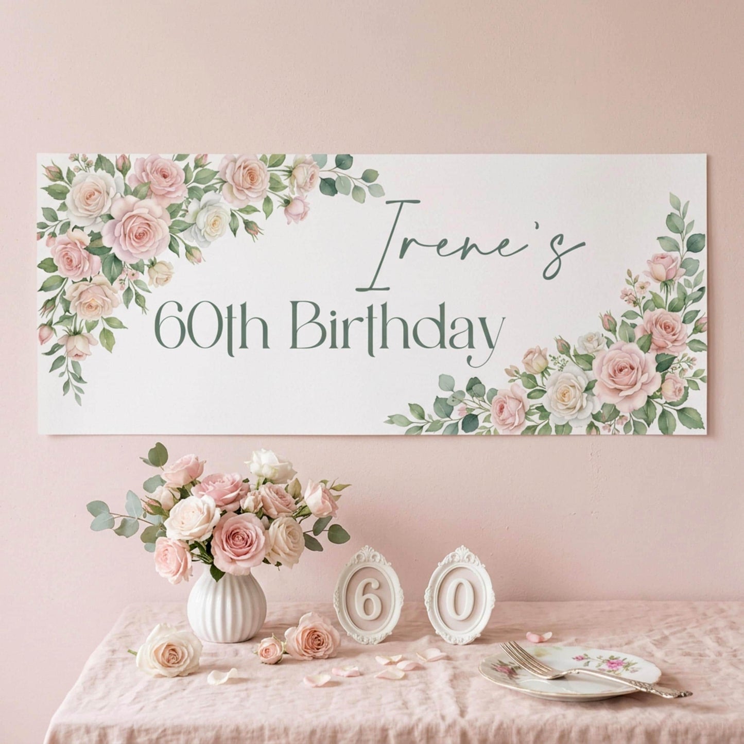 Personalised Milestone Birthday Banner, Pink Roses Party Backdrop for Her, Anniversary Wall Sign