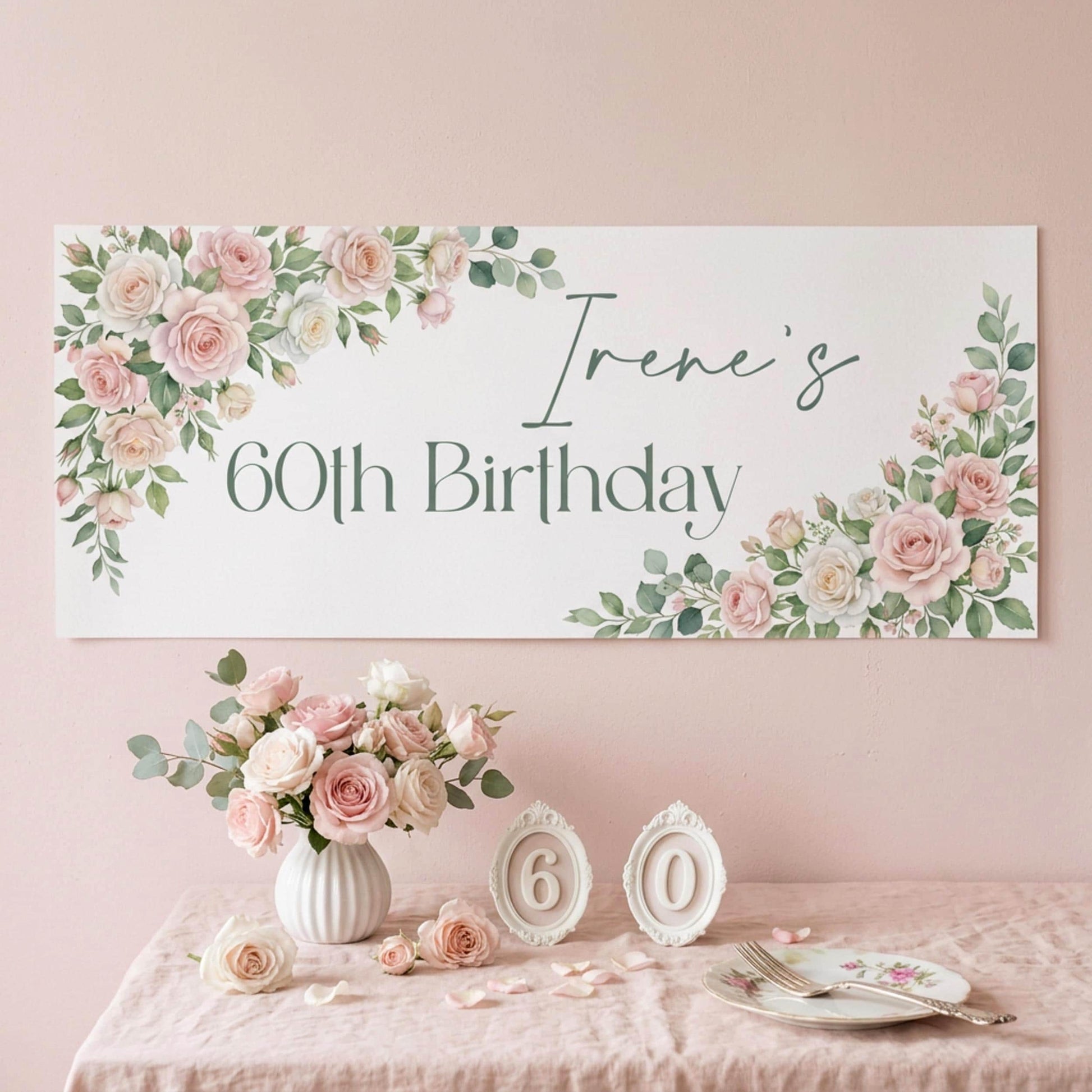 Personalised Milestone Birthday Banner, Pink Roses Party Backdrop for Her, Anniversary Wall Sign