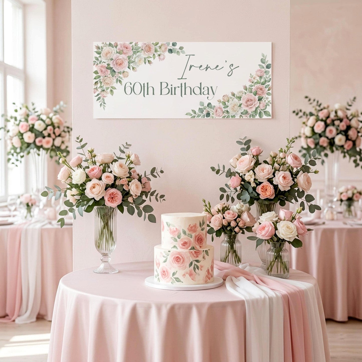 Personalised Milestone Birthday Banner, Pink Roses Party Backdrop for Her, Anniversary Wall Sign