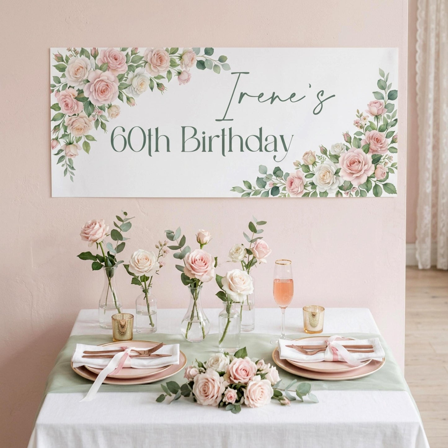 Personalised Milestone Birthday Banner, Pink Roses Party Backdrop for Her, Anniversary Wall Sign