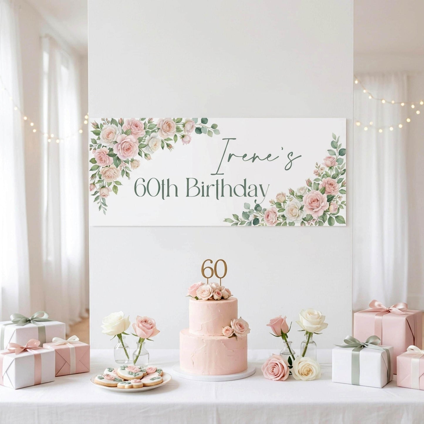 Personalised Milestone Birthday Banner, Pink Roses Party Backdrop for Her, Anniversary Wall Sign