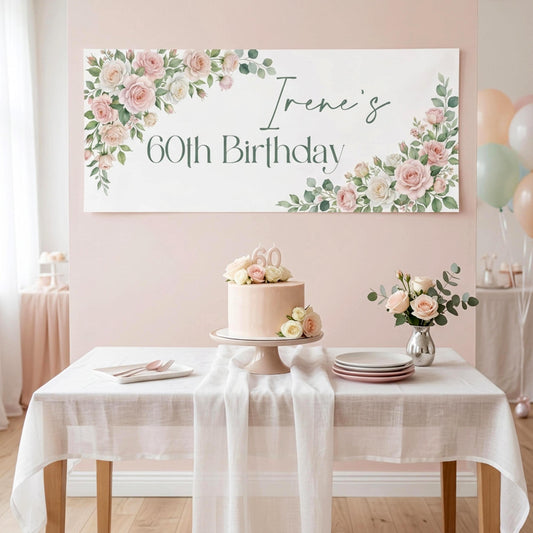 Personalised Milestone Birthday Banner, Pink Roses Party Backdrop for Her, Anniversary Wall Sign