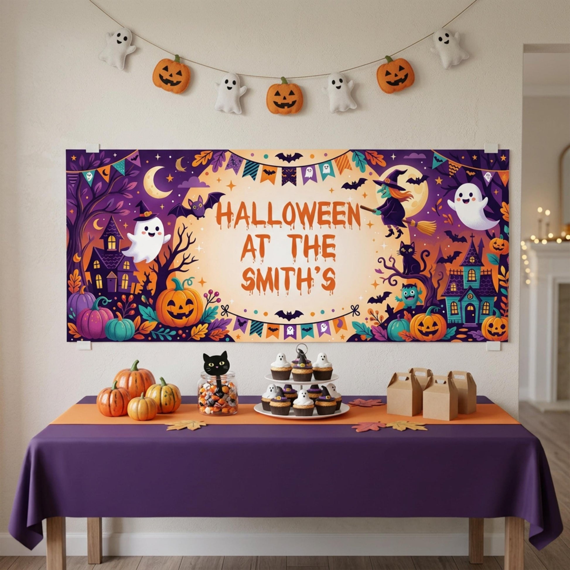 Personalised Halloween Party Banner for Children, Family Trick Or Treat Wall Sign