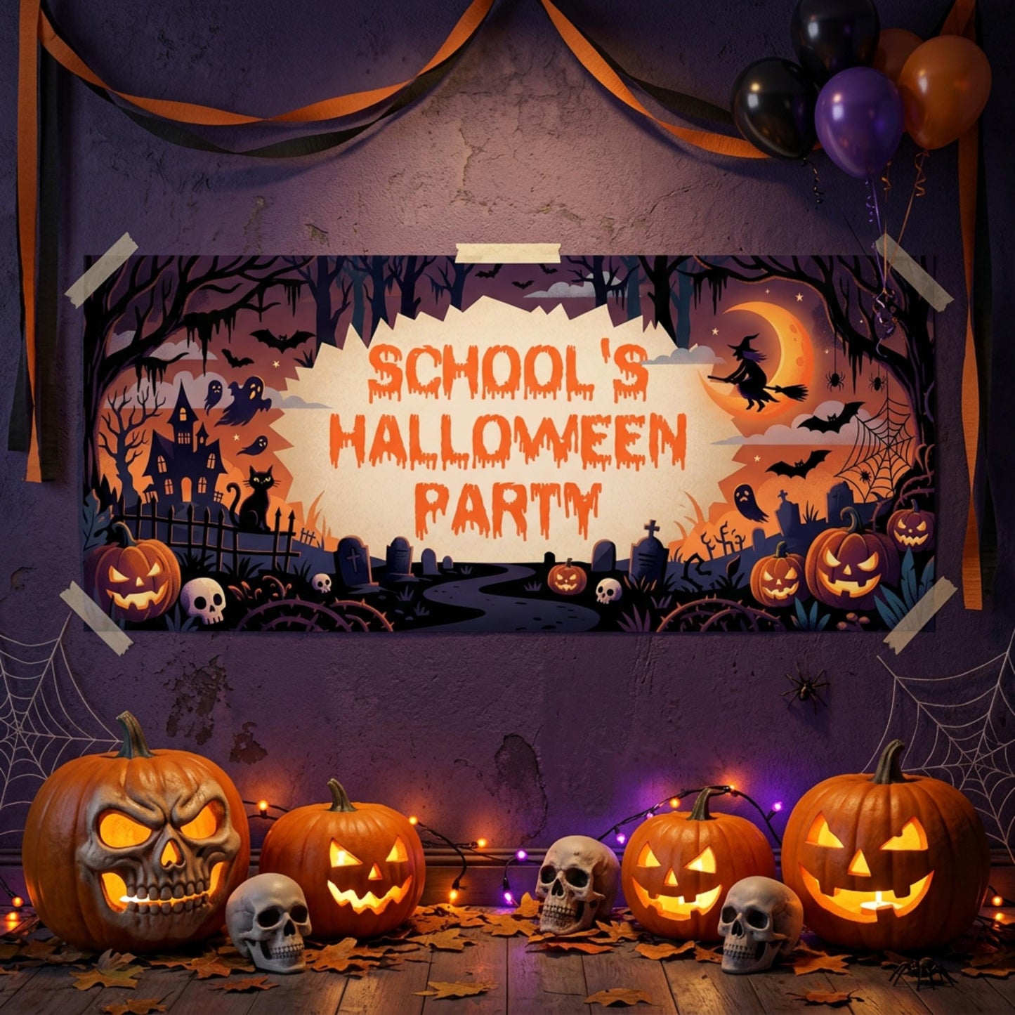 Personalised School Halloween Banner, Spooky Party Backdrop, Classroom Event Poster
