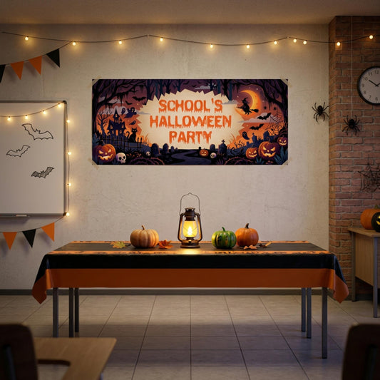 Personalised School Halloween Banner, Spooky Party Backdrop, Classroom Event Poster