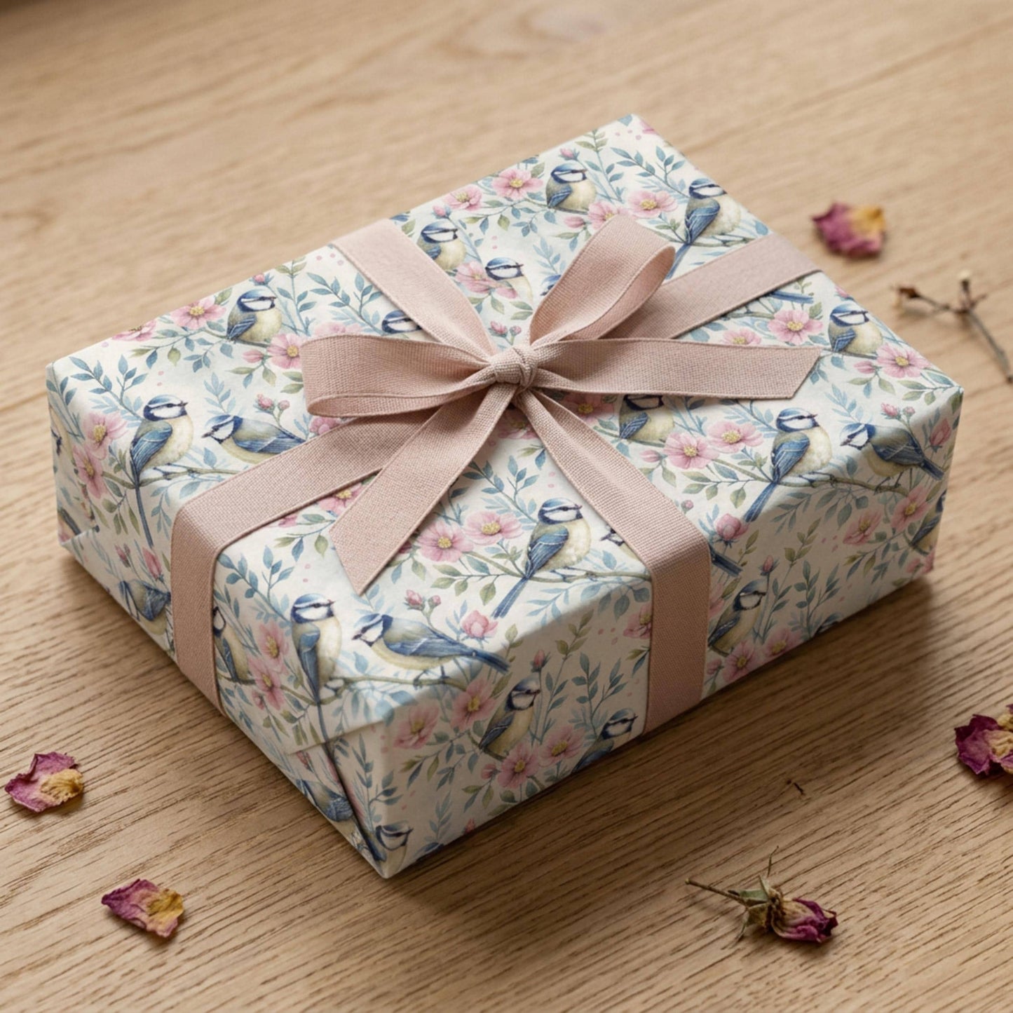 Blue Tit and Blossom Wrapping Paper, Vintage Garden Bird Gift Wrap Sheet, large size