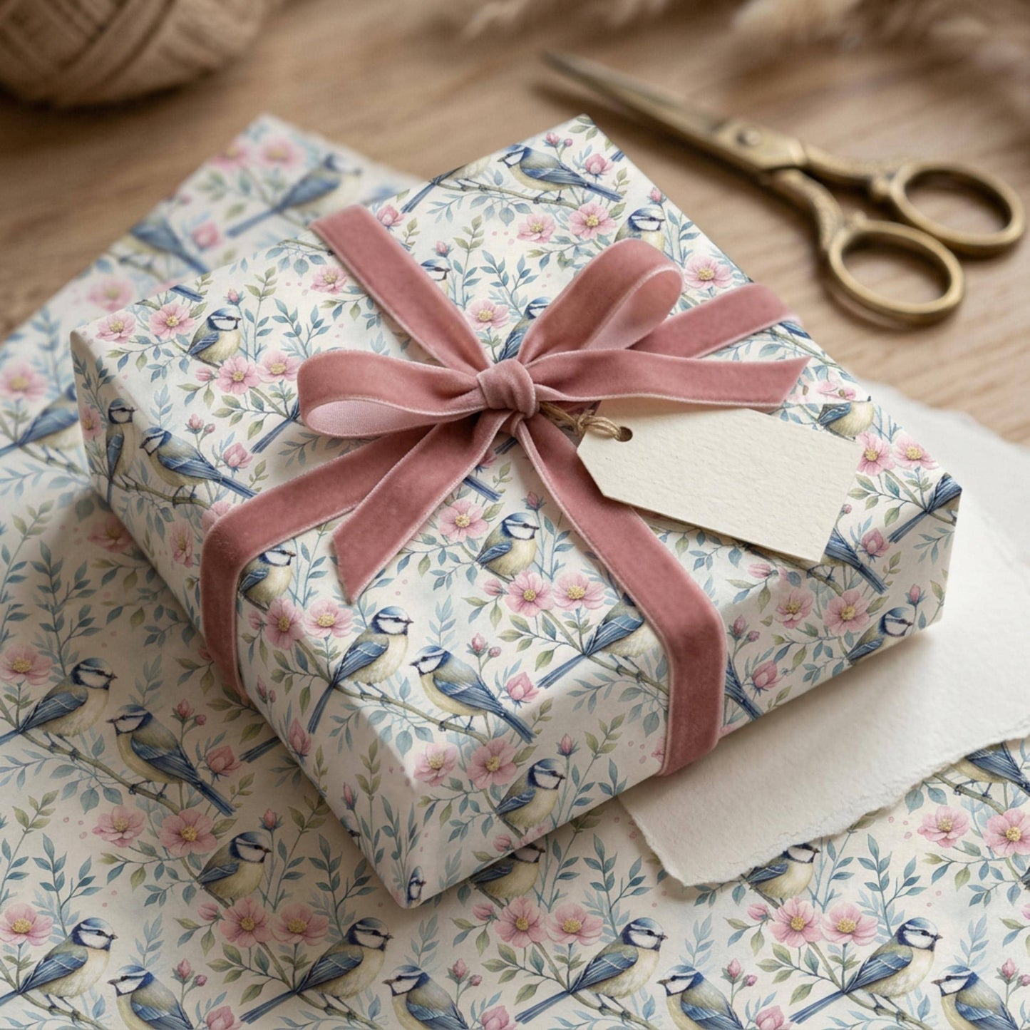 Blue Tit and Blossom Wrapping Paper, Vintage Garden Bird Gift Wrap Sheet, large size