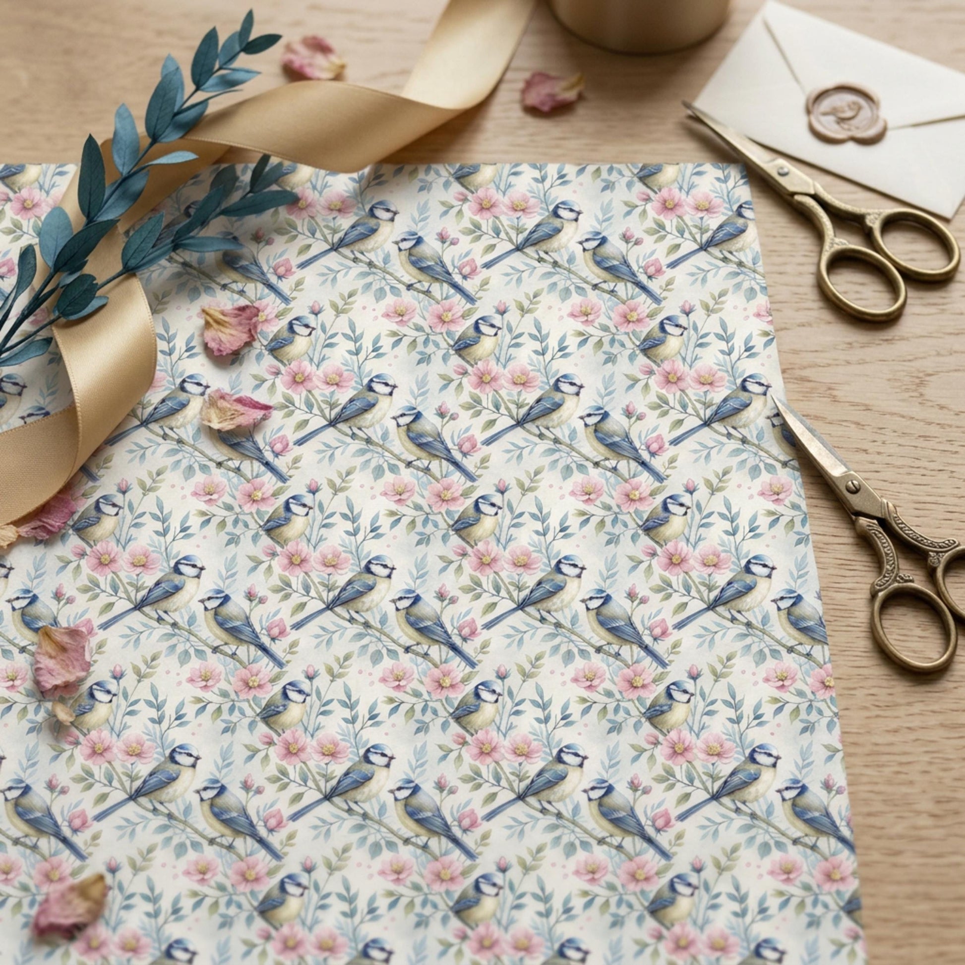 Blue Tit and Blossom Wrapping Paper, Vintage Garden Bird Gift Wrap Sheet, large size