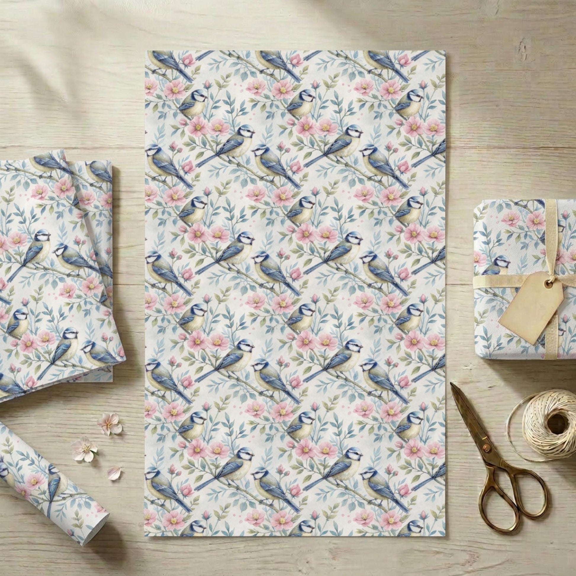 Blue Tit and Blossom Wrapping Paper, Vintage Garden Bird Gift Wrap Sheet, large size