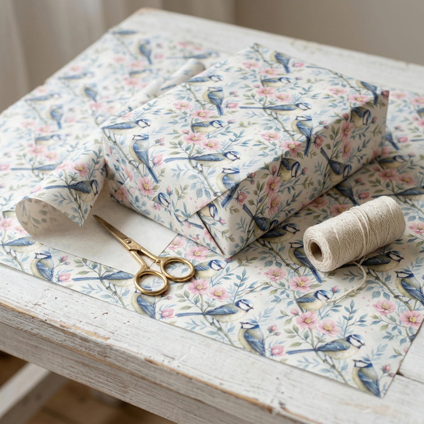 Blue Tit and Blossom Wrapping Paper, Vintage Garden Bird Gift Wrap Sheet, large size