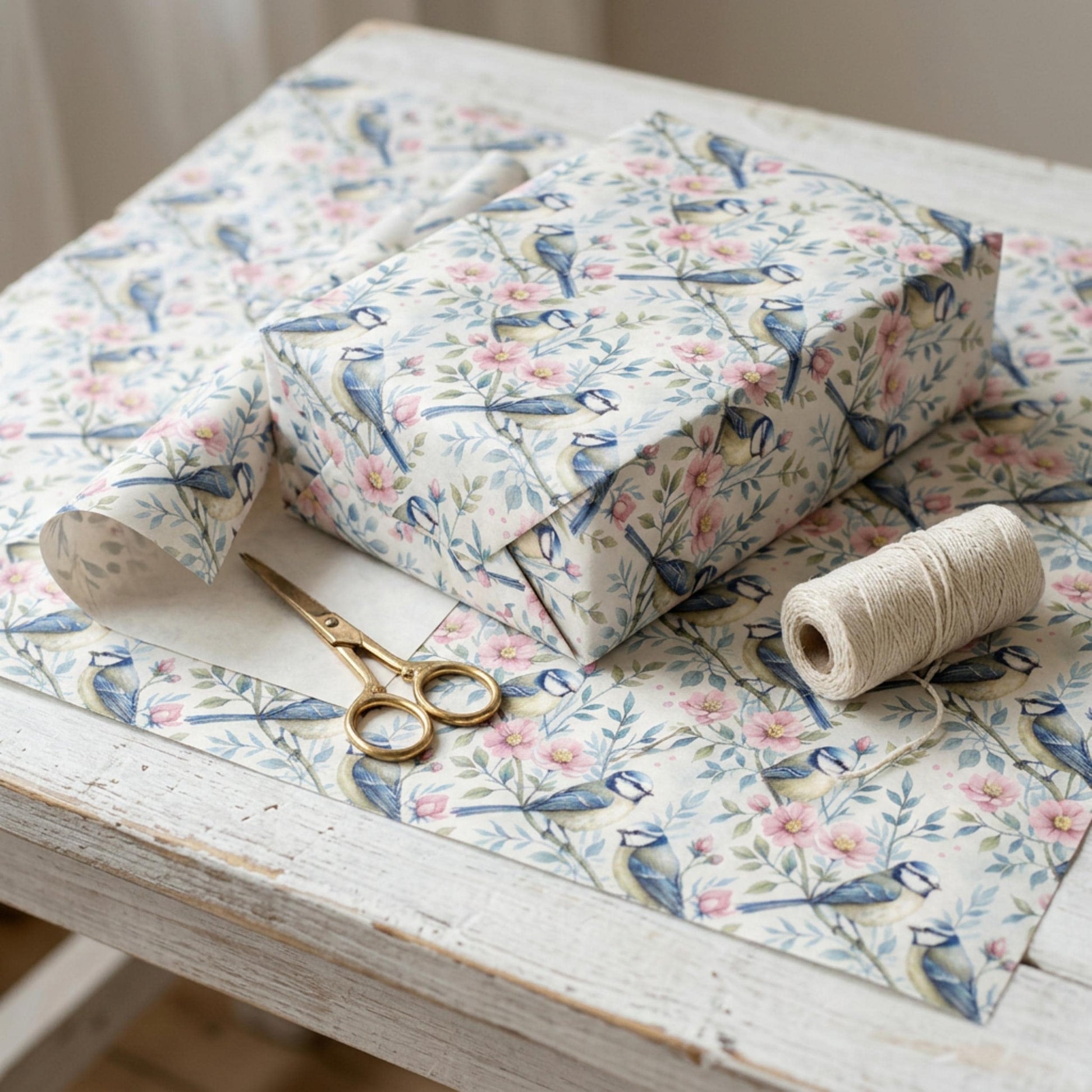 Blue Tit and Blossom Wrapping Paper, Vintage Garden Bird Gift Wrap Sheet, large size